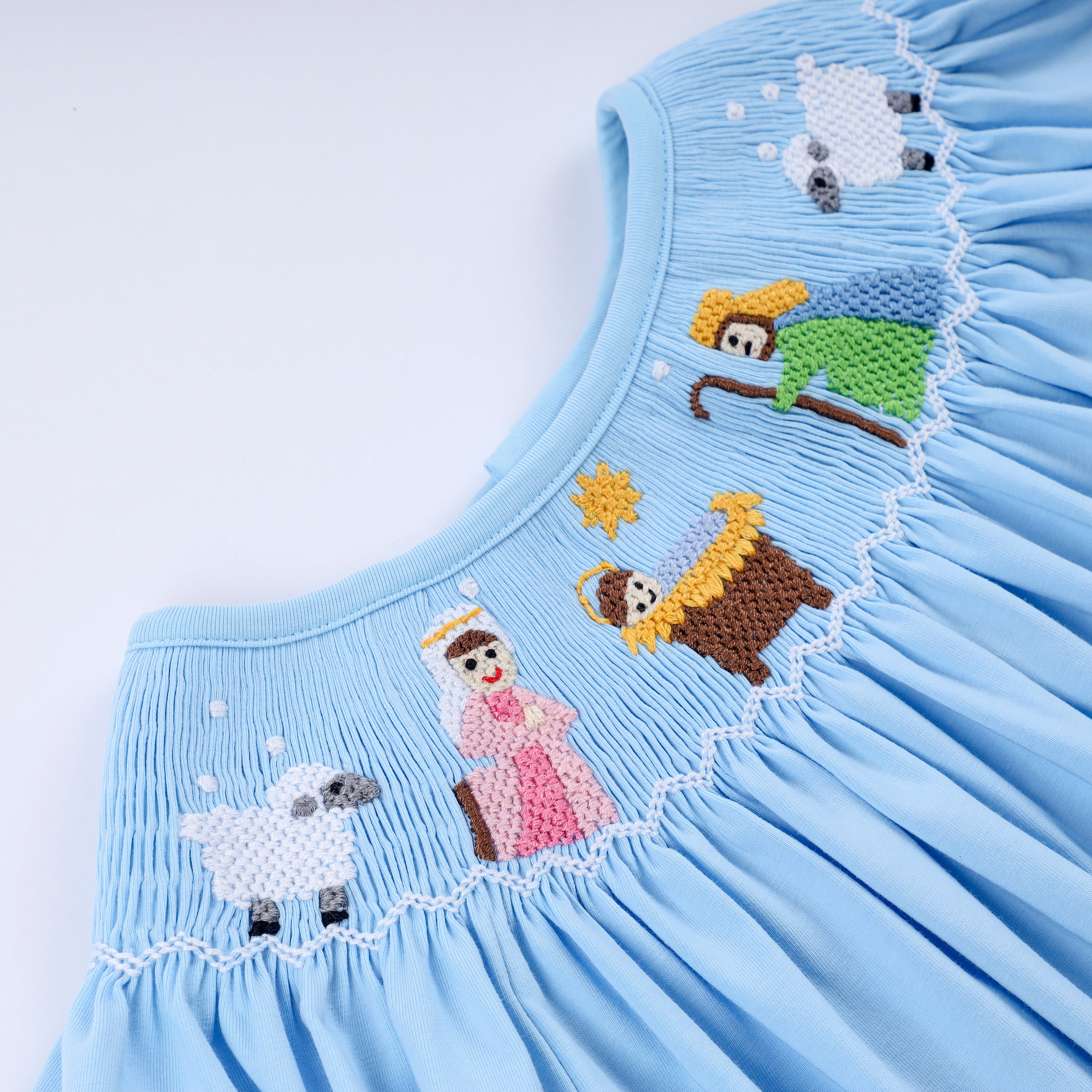 Blue nativity hand smocked ruffle pants set - Aaria Tees Aaria Tees