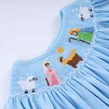Blue nativity hand smocked ruffle pants set - Aaria Tees Aaria Tees