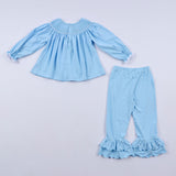 Blue nativity hand smocked ruffle pants set - Aaria Tees Aaria Tees