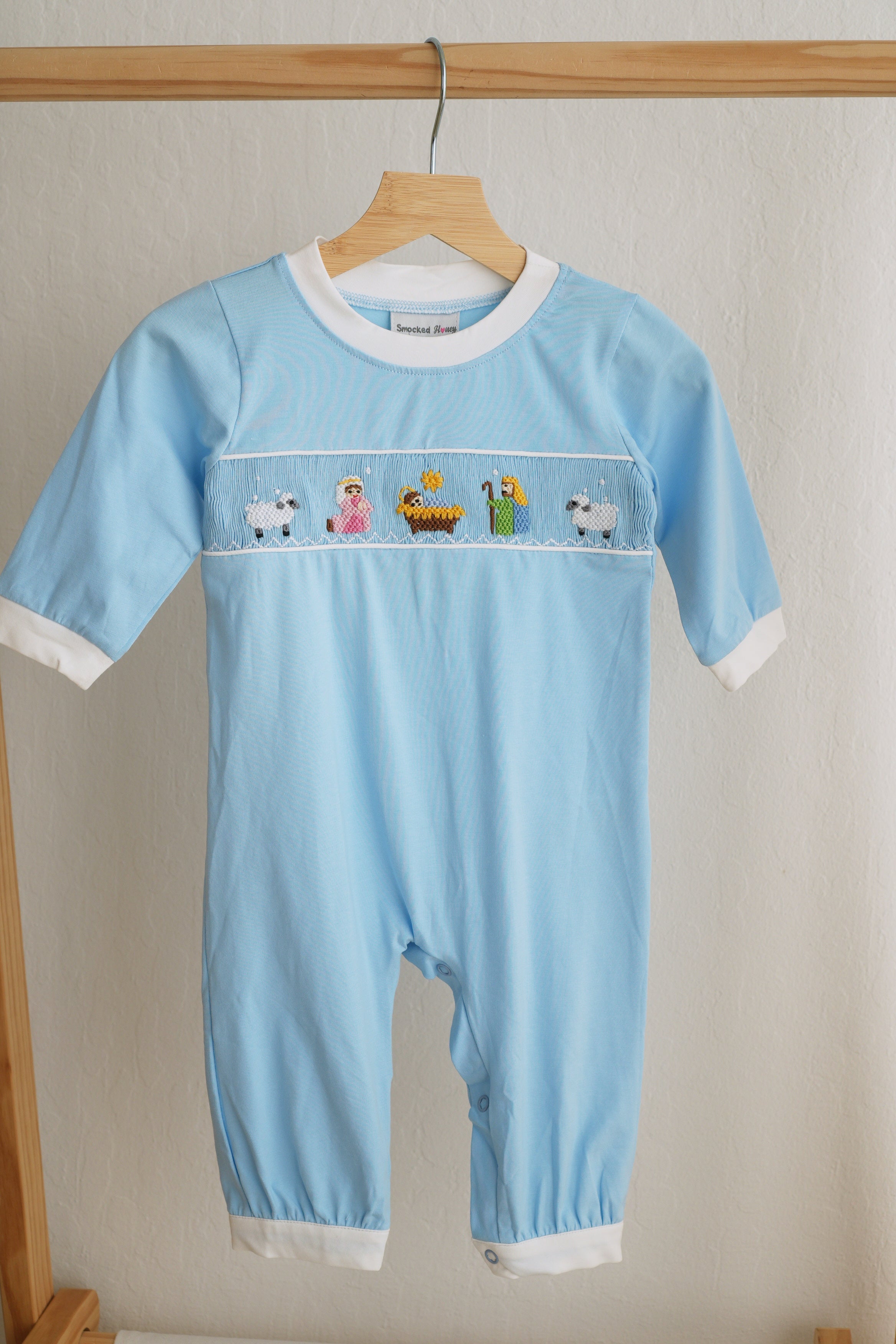 Blue nativity hand smocked romper - Aaria Tees Aaria Tees