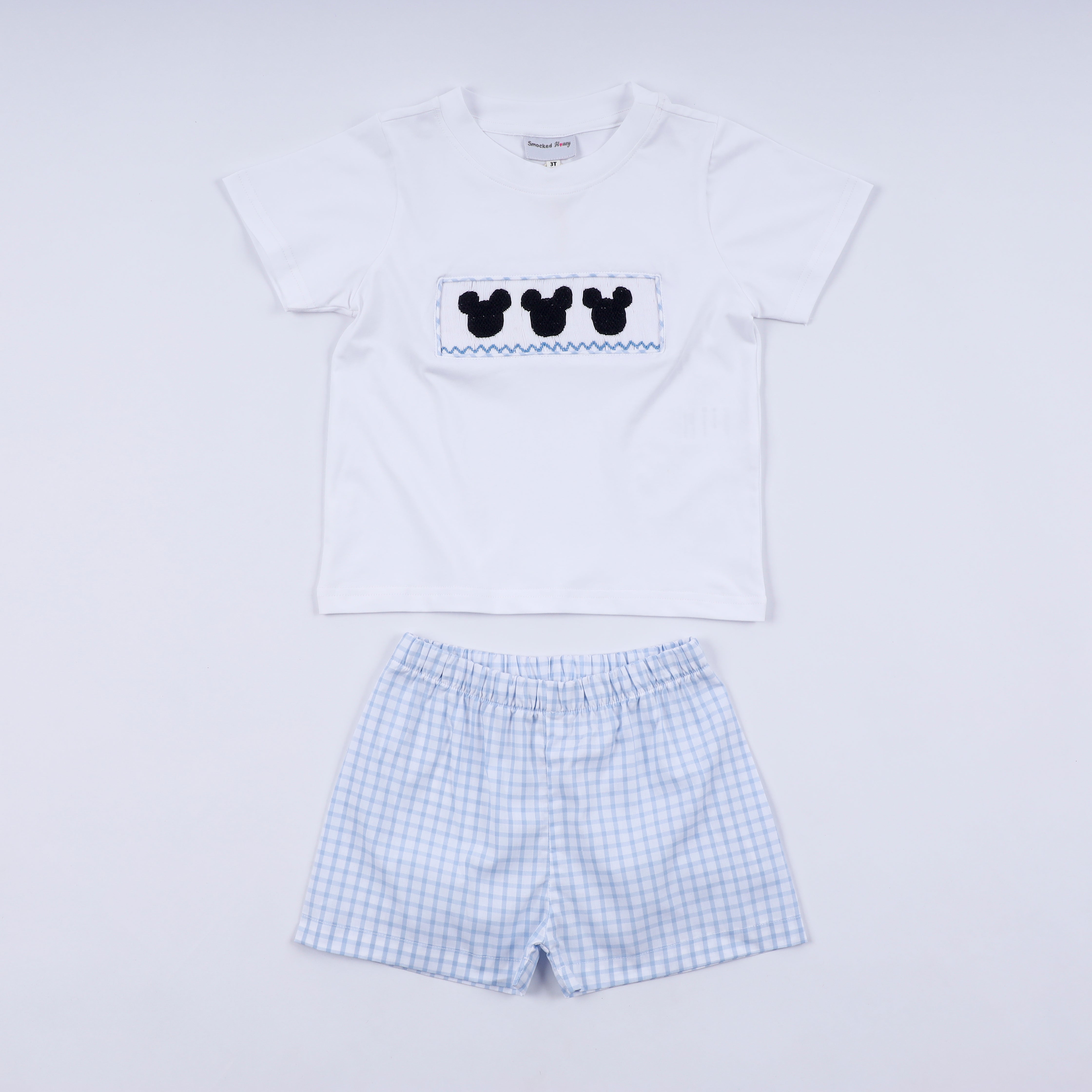 Blue character hand smocked gingham shorts set - Aaria Tees Aaria Tees