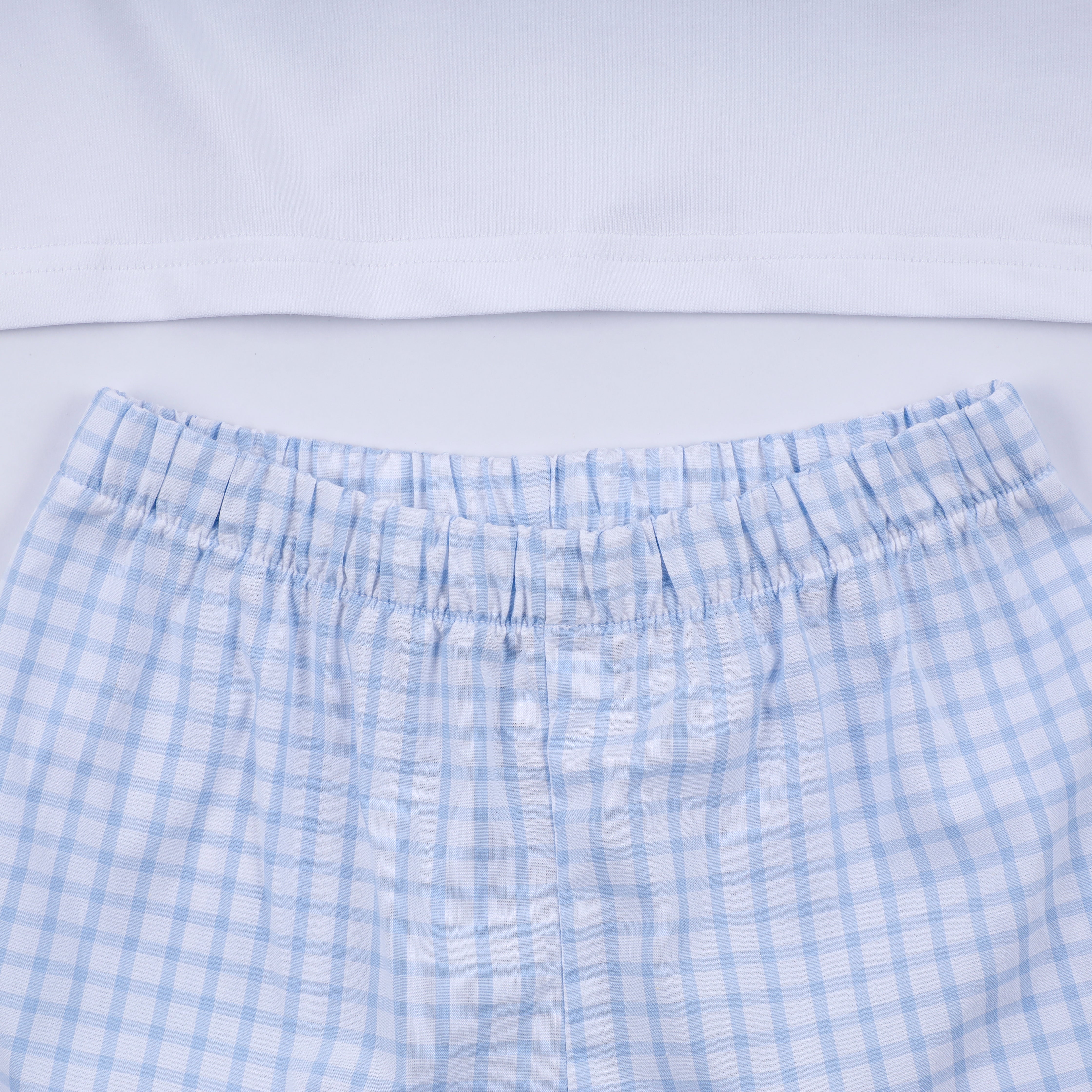 Blue character hand smocked gingham shorts set - Aaria Tees Aaria Tees