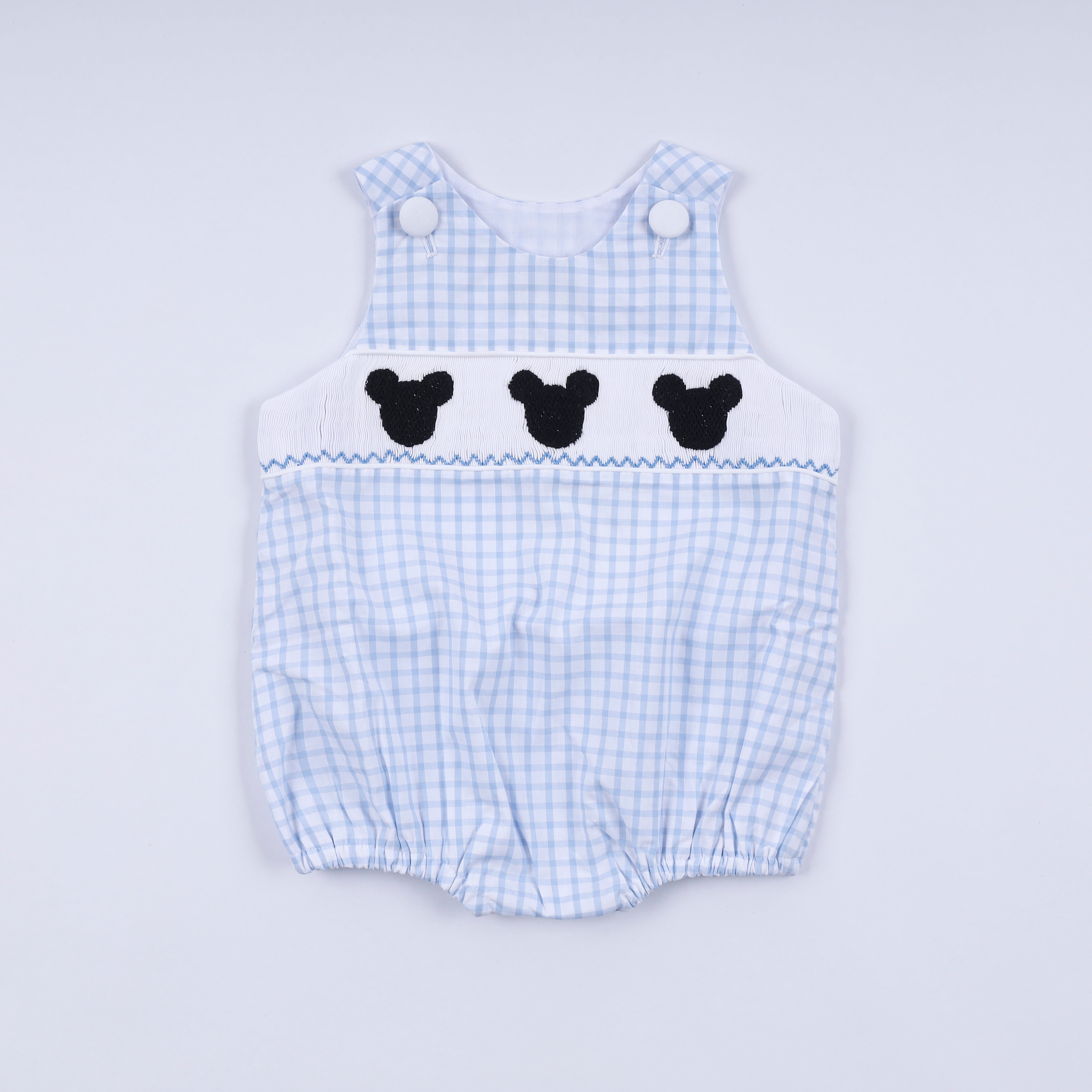 Blue character hand smocked gingham bubble - Aaria Tees Aaria Tees