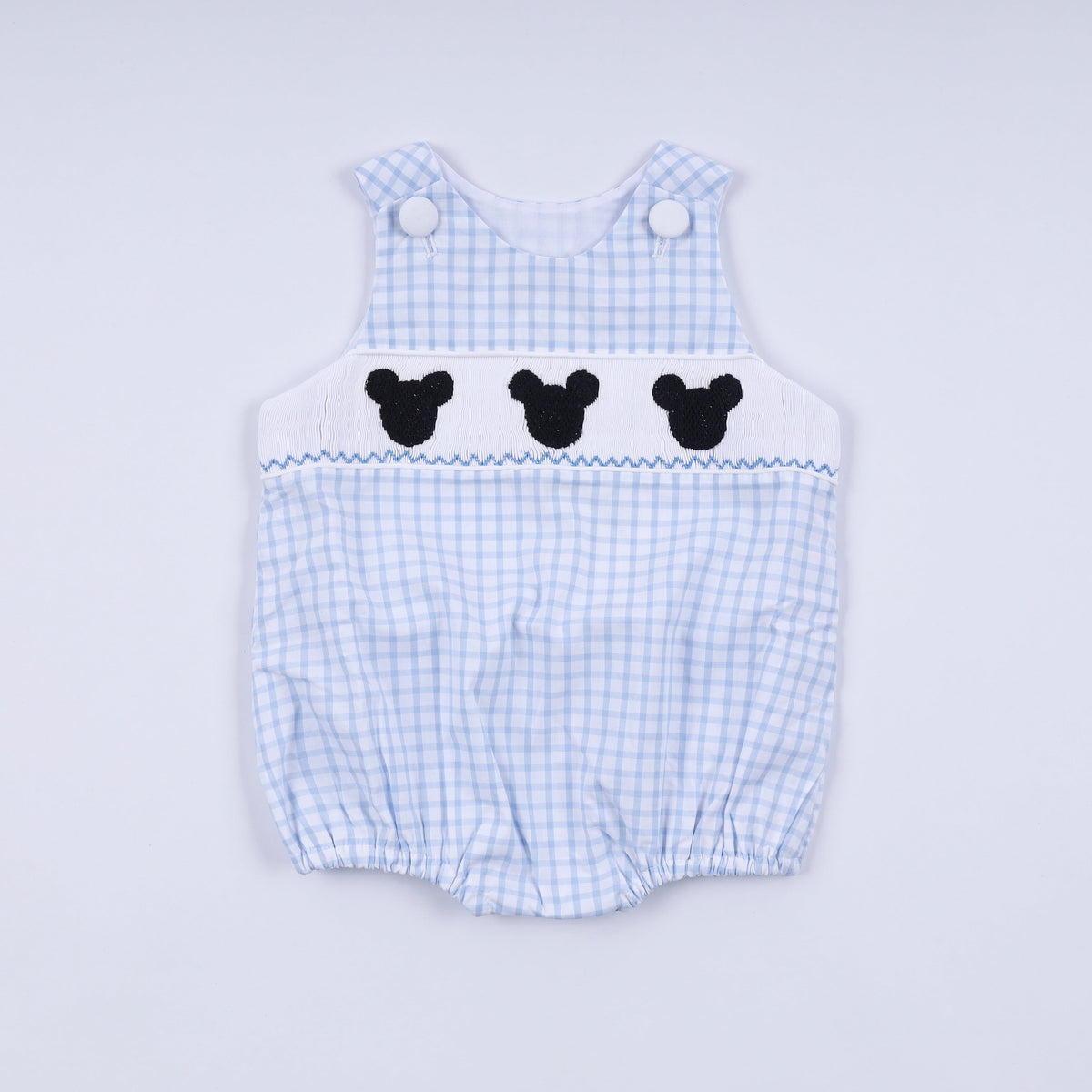 Blue character hand smocked gingham bubble - Aaria Tees