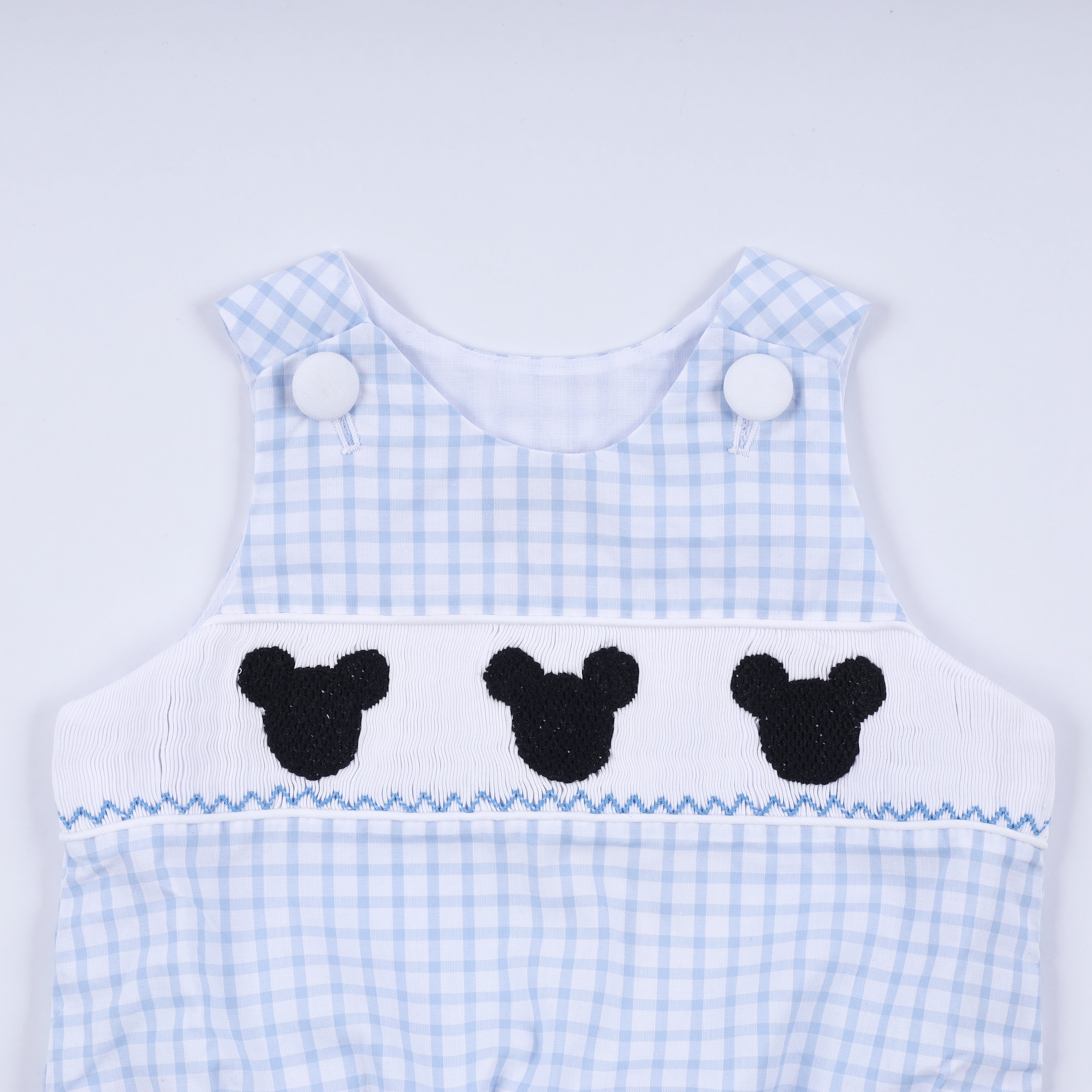 Blue character hand smocked gingham bubble - Aaria Tees Aaria Tees