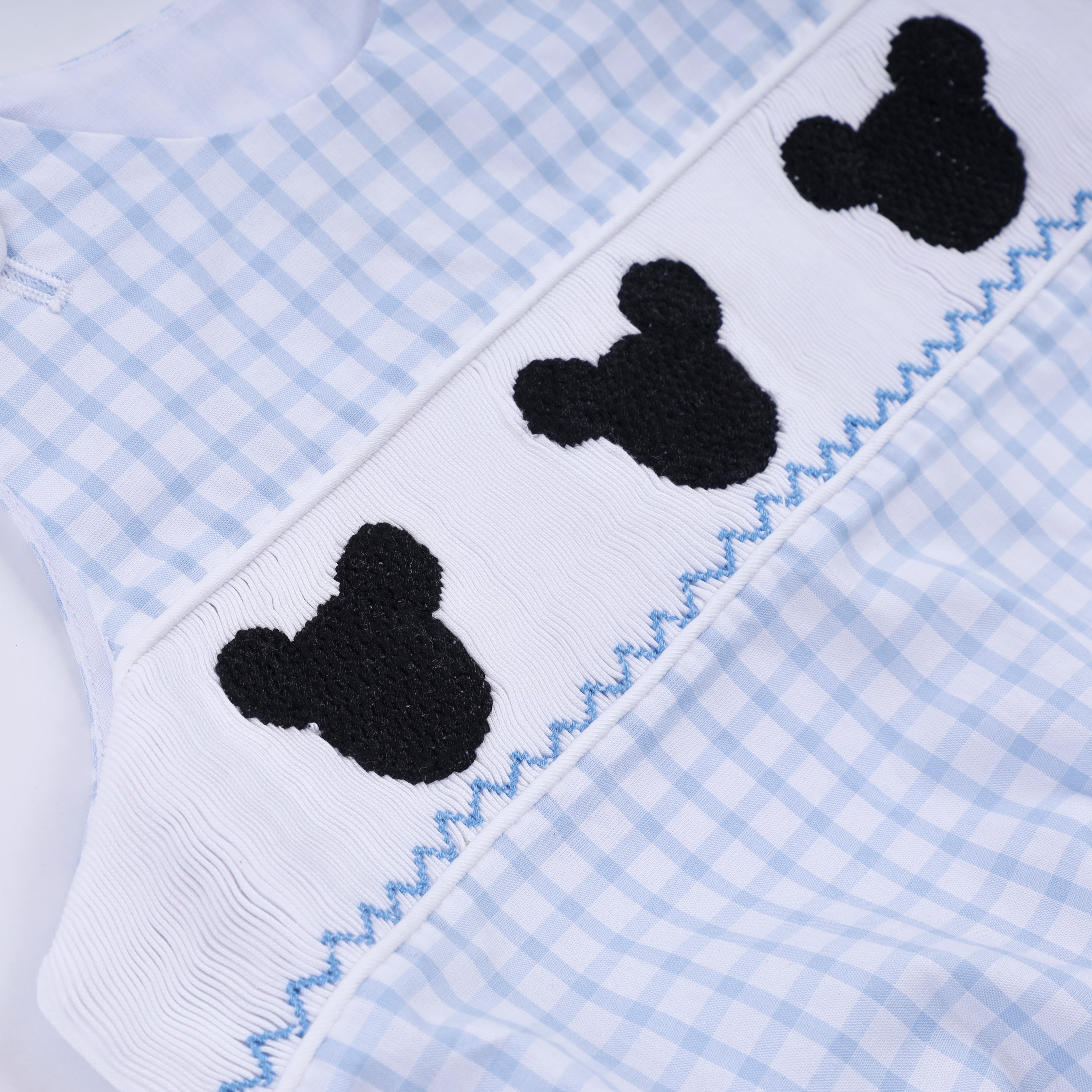 Blue character hand smocked gingham bubble - Aaria Tees Aaria Tees