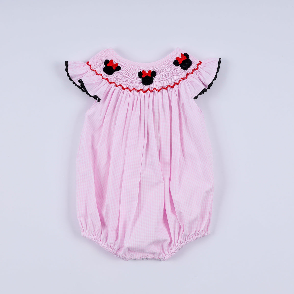 Red character hand smocked plaid ruffle bubble - Aaria Tees