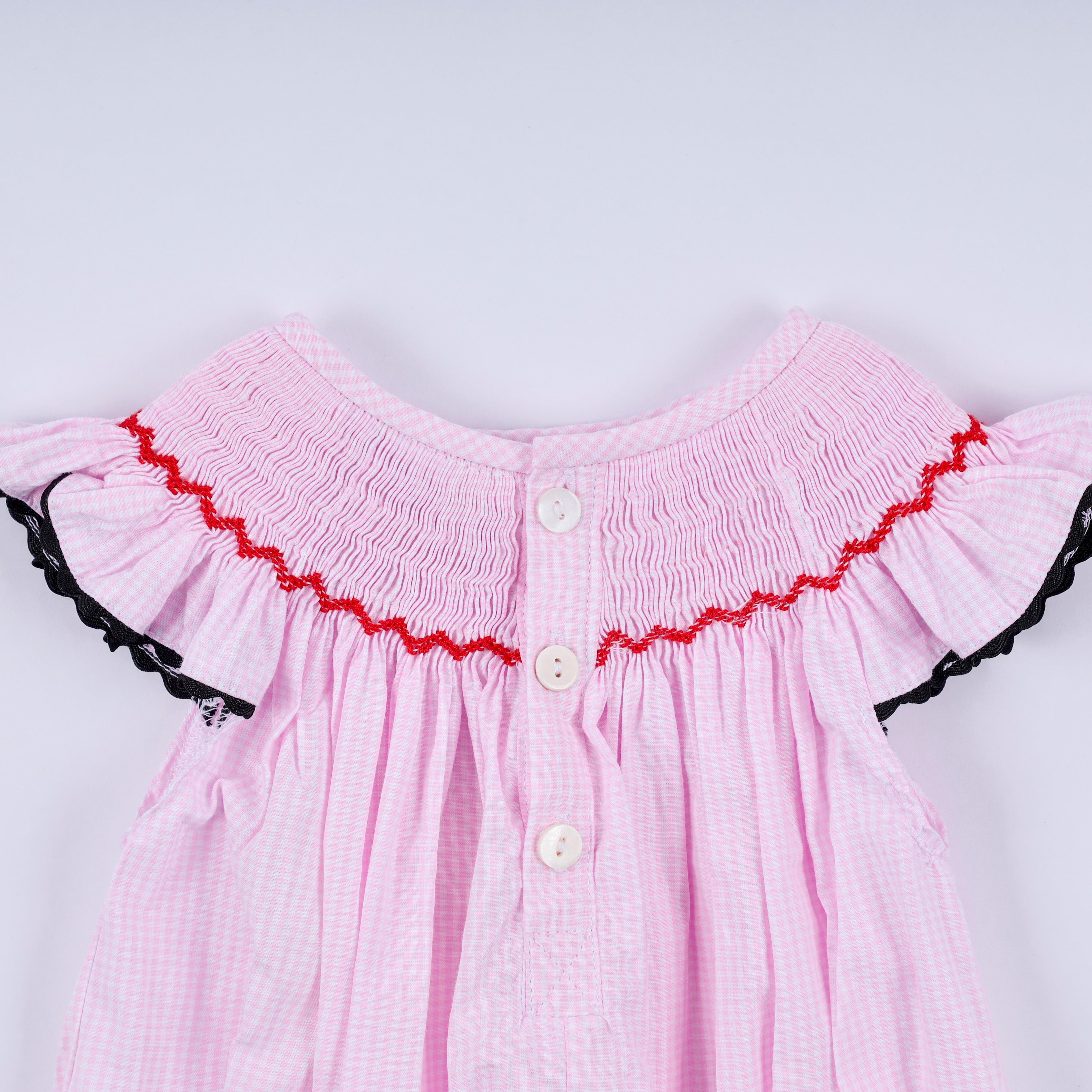 Red character hand smocked plaid ruffle bubble - Aaria Tees Aaria Tees