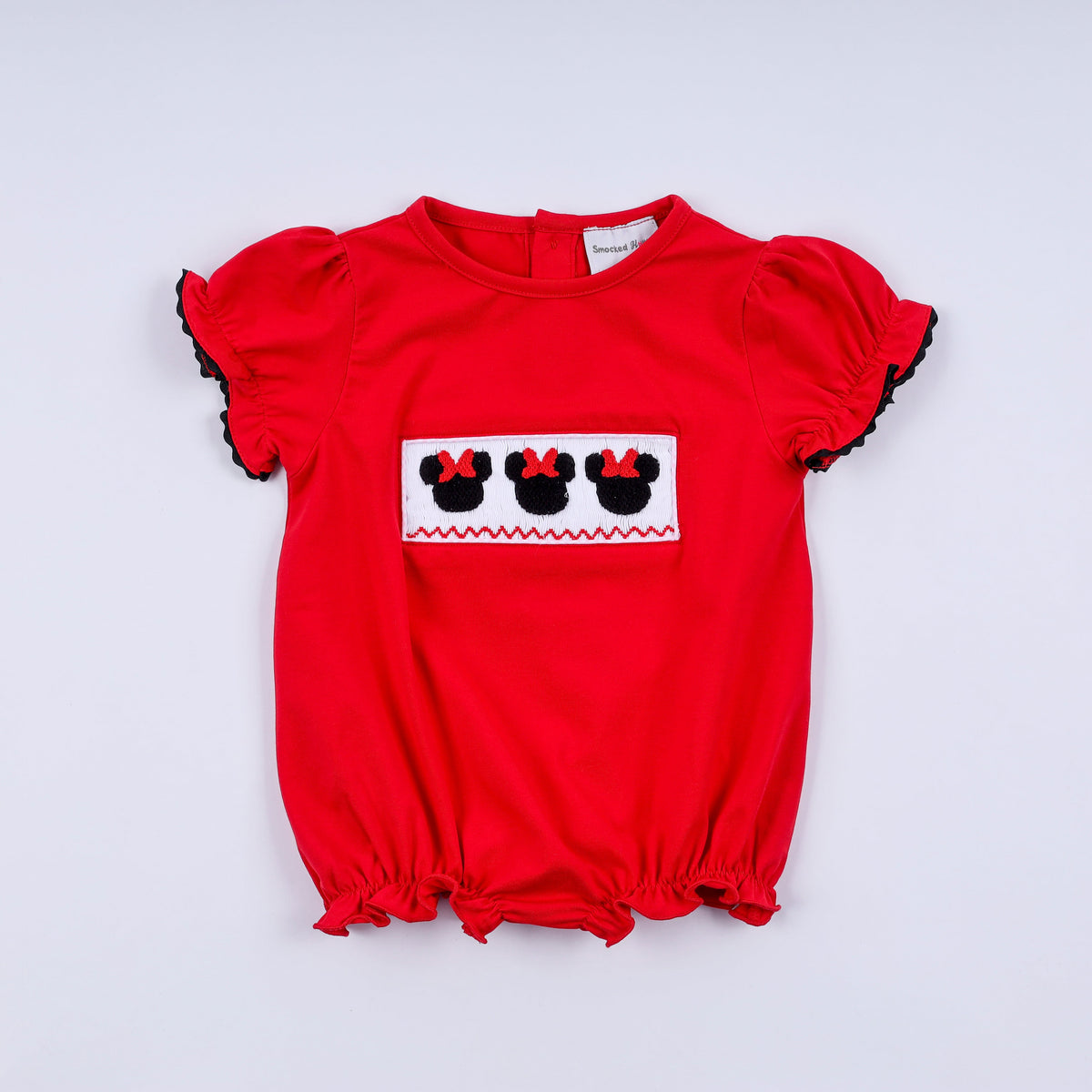 Red character hand smocked bubble - Aaria Tees