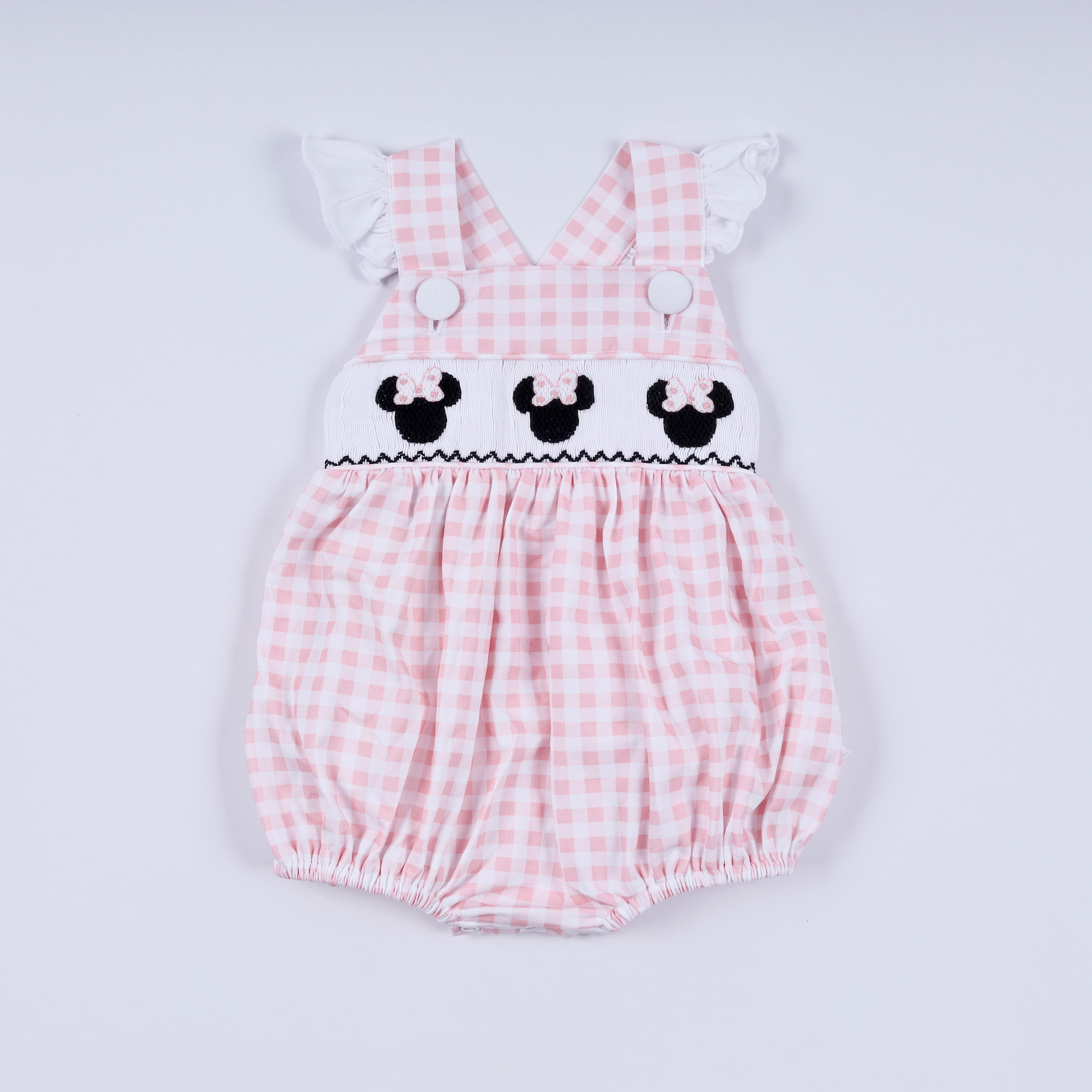 Pink character hand smocked gingham ruffle bubble - Aaria Tees Aaria Tees