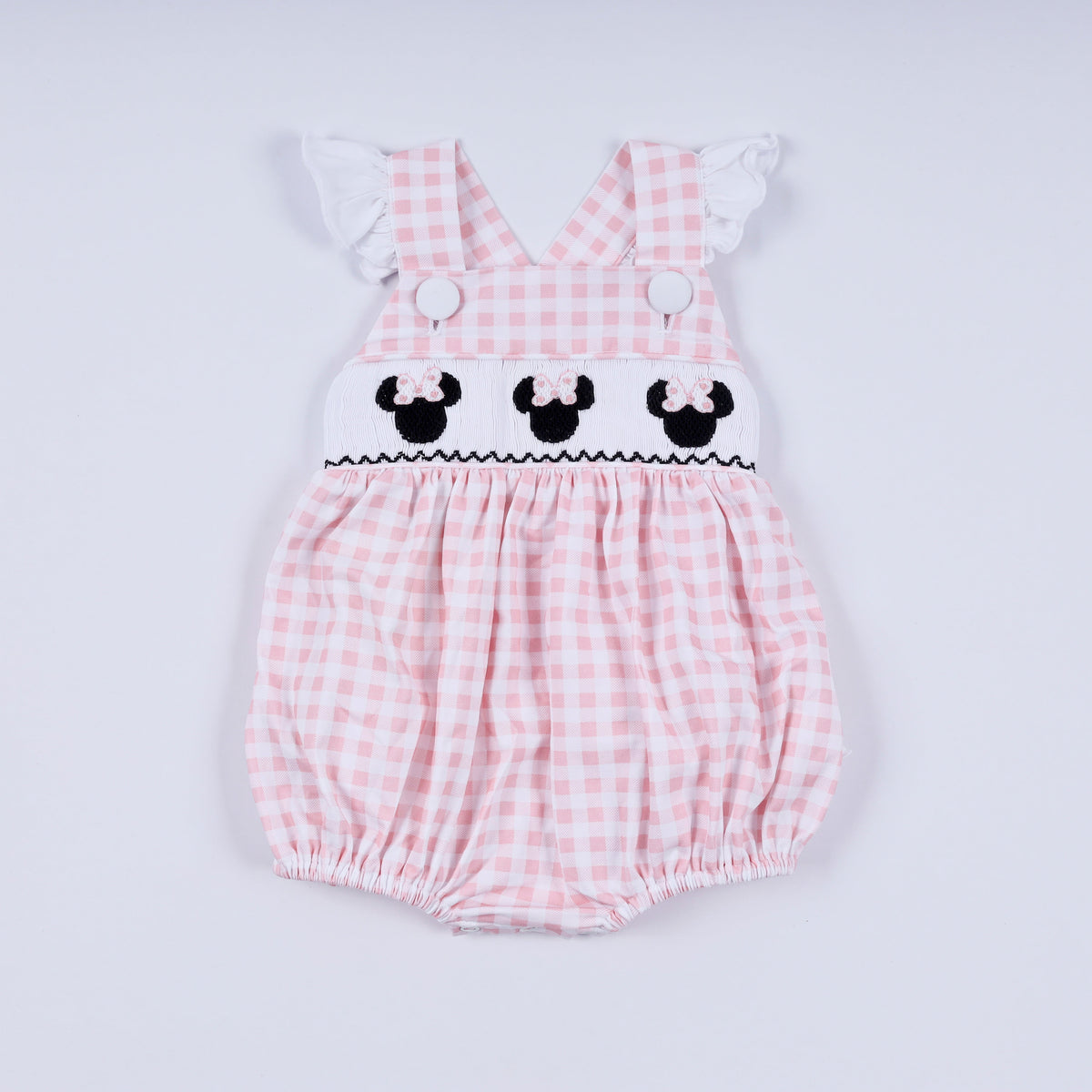 Pink character hand smocked gingham ruffle bubble - Aaria Tees