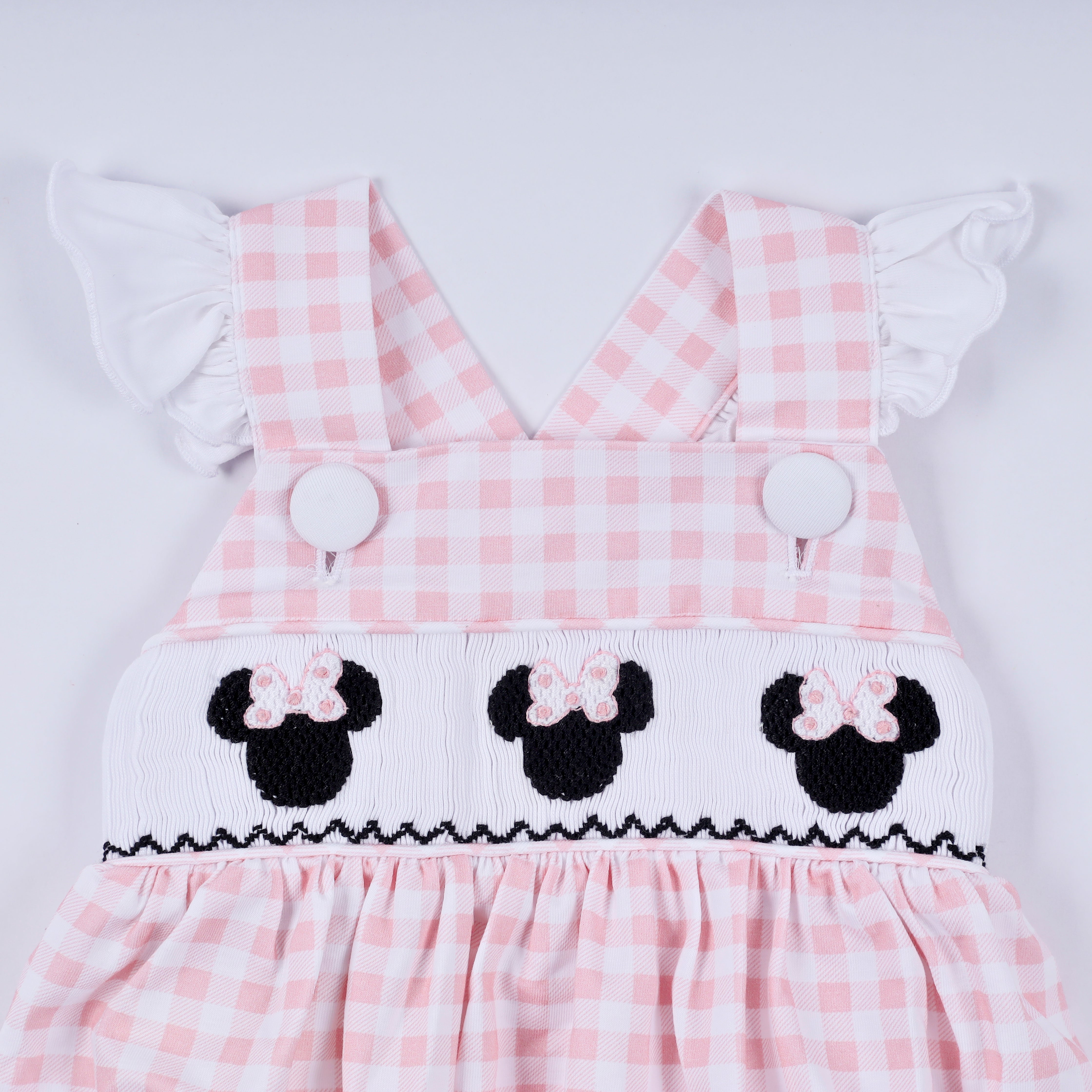 Pink character hand smocked gingham ruffle bubble - Aaria Tees Aaria Tees