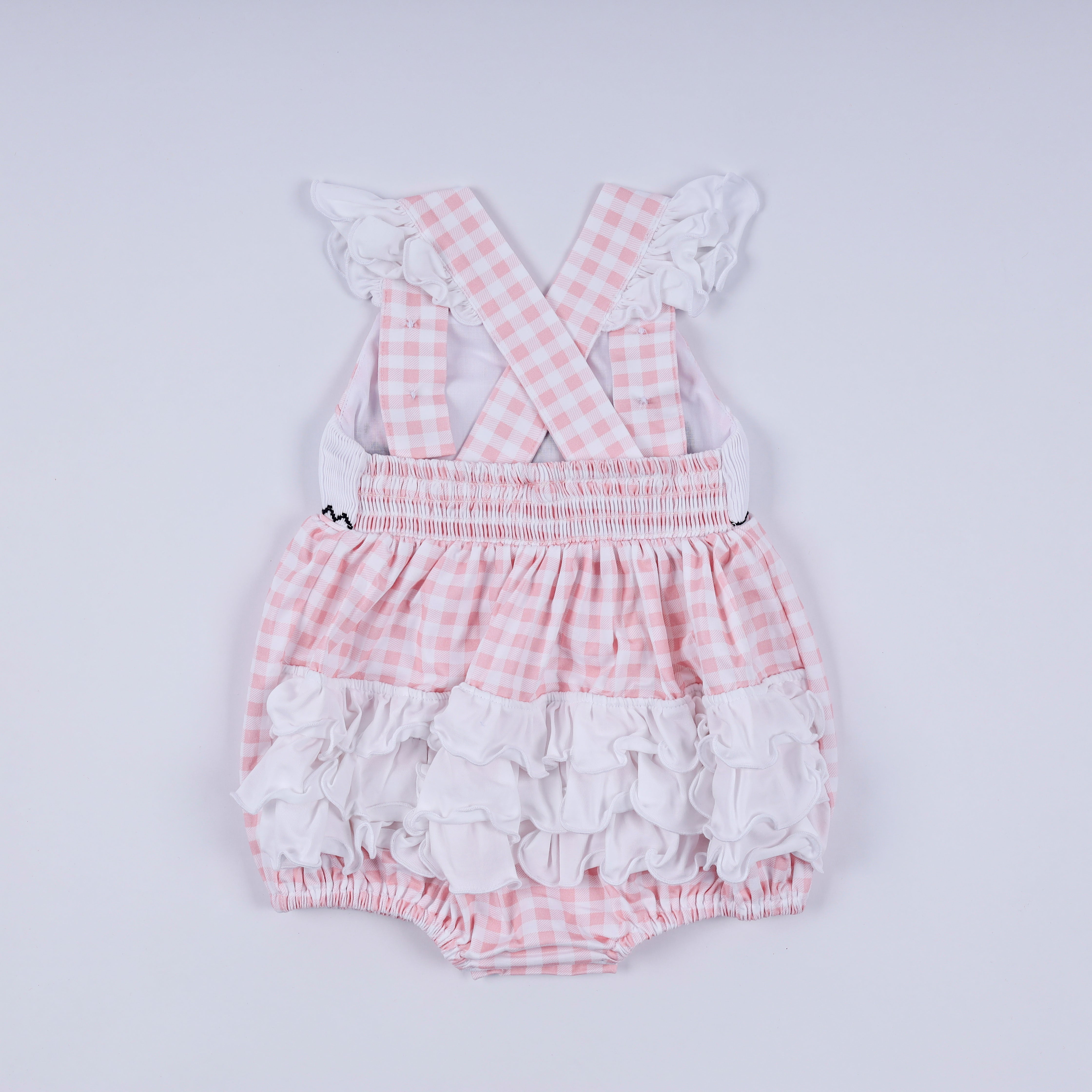 Pink character hand smocked gingham ruffle bubble - Aaria Tees Aaria Tees