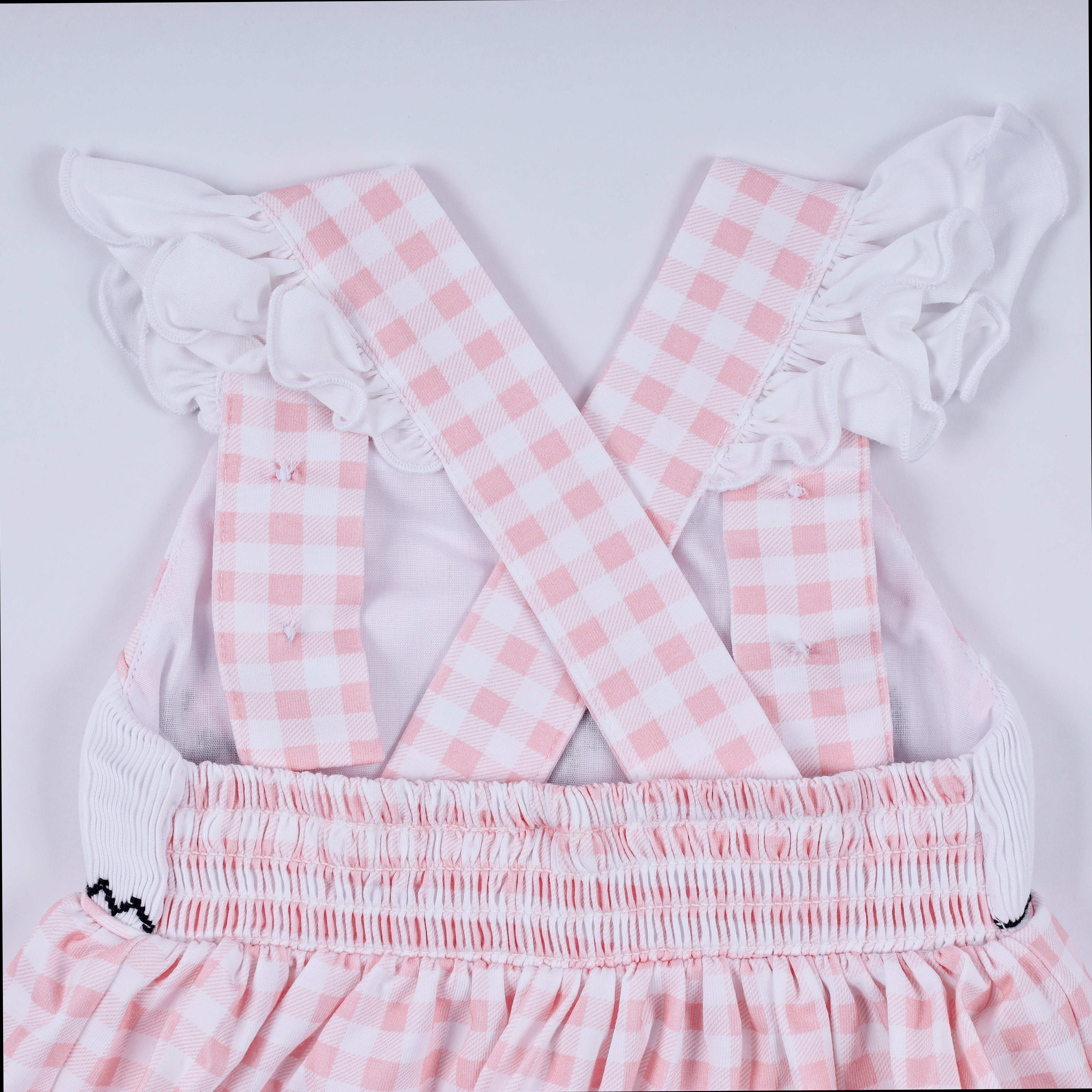 Pink character hand smocked gingham ruffle bubble - Aaria Tees Aaria Tees
