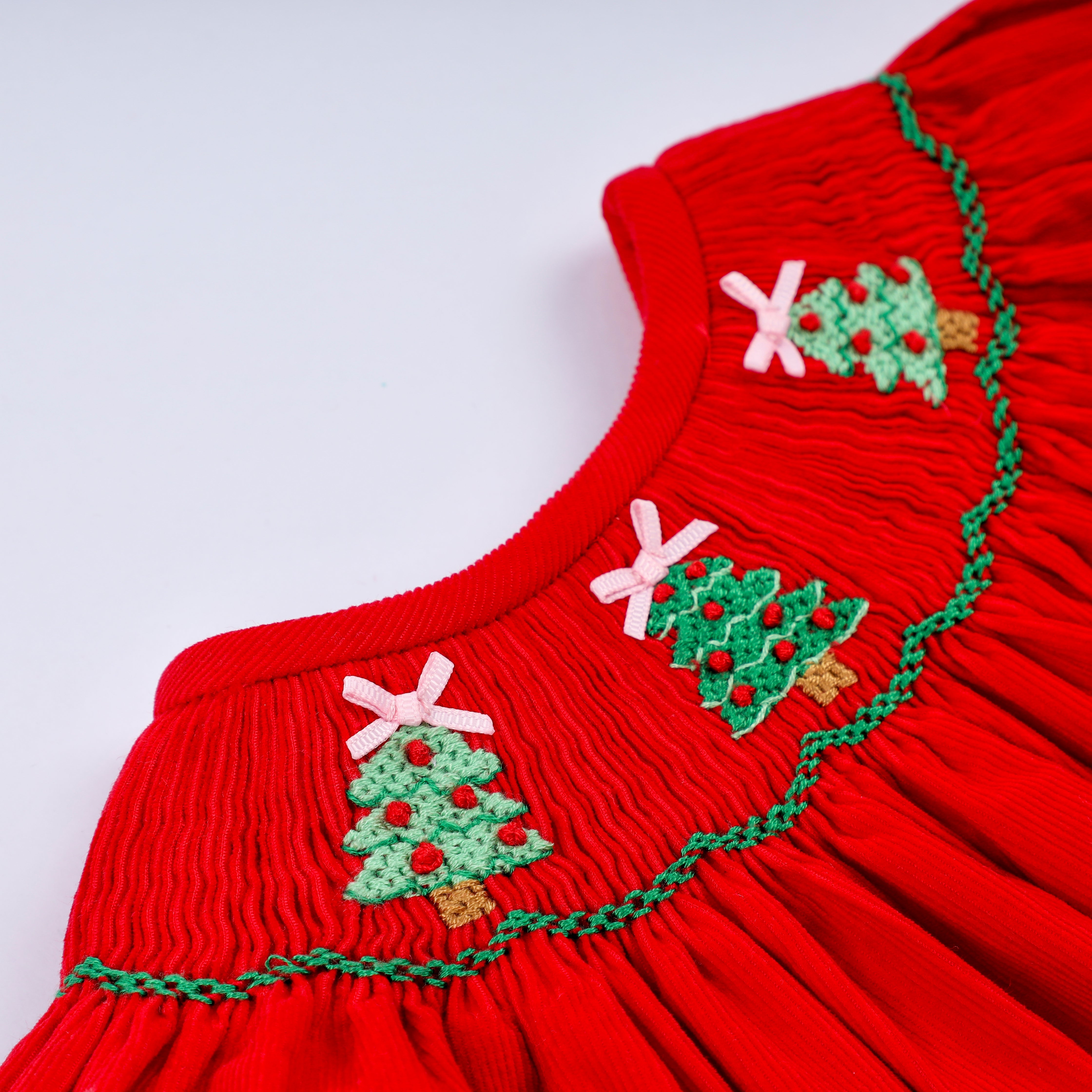 Red christmas tree hand smocked romper - Aaria Tees Aaria Tees