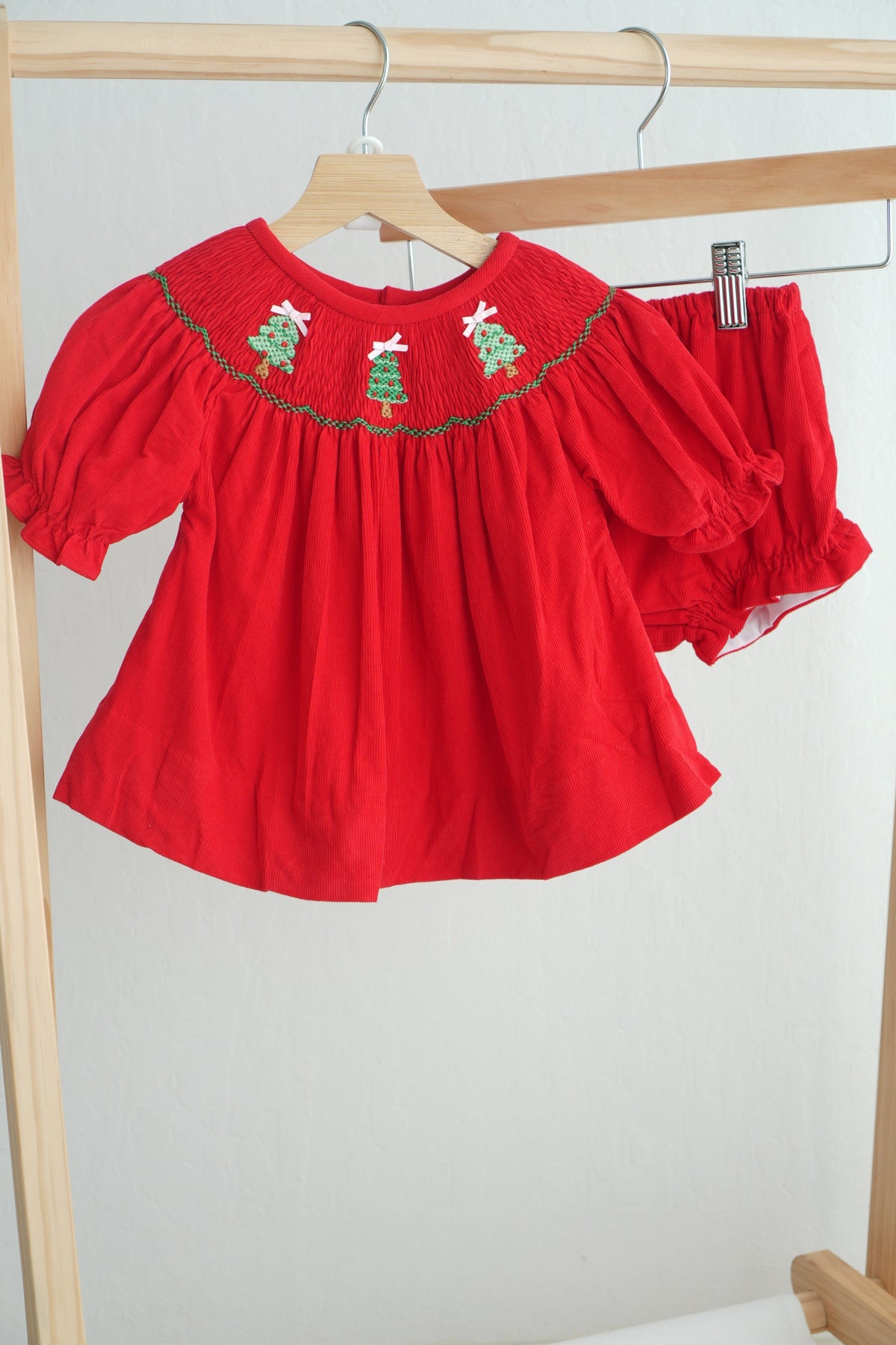 Red christmas tree hand smocked bloomer set - Aaria Tees