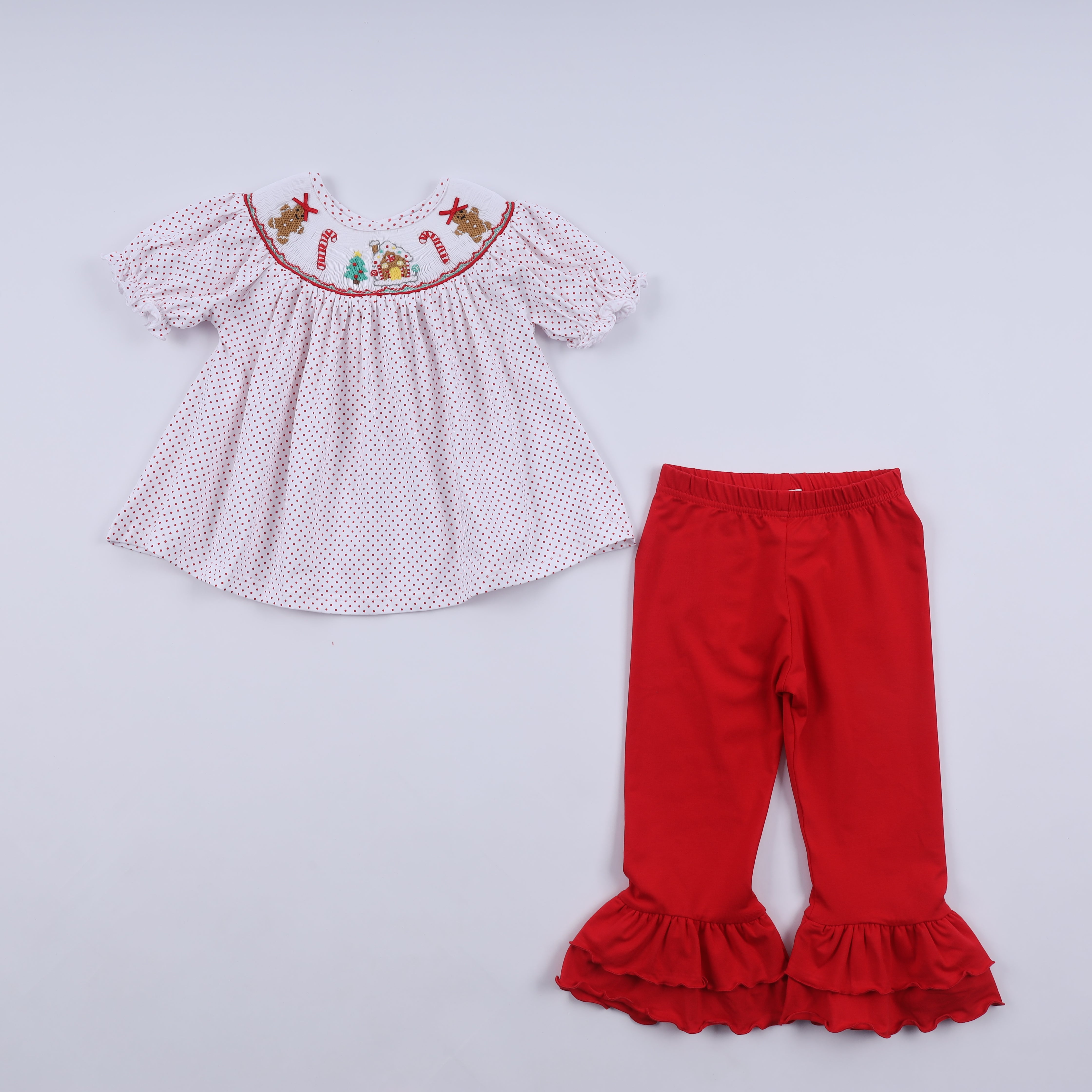 Red gingerbread hand smocked ruffle pants set - Aaria Tees Aaria Tees