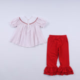 Red gingerbread hand smocked ruffle pants set - Aaria Tees Aaria Tees