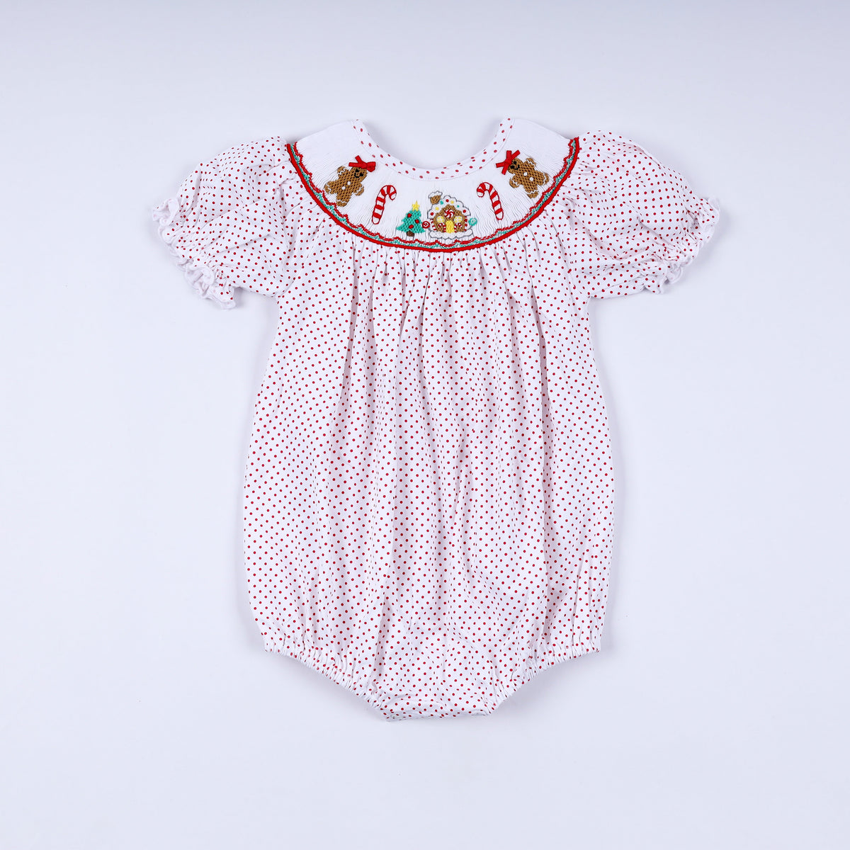 Red gingerbread hand smocked bubble - Aaria Tees