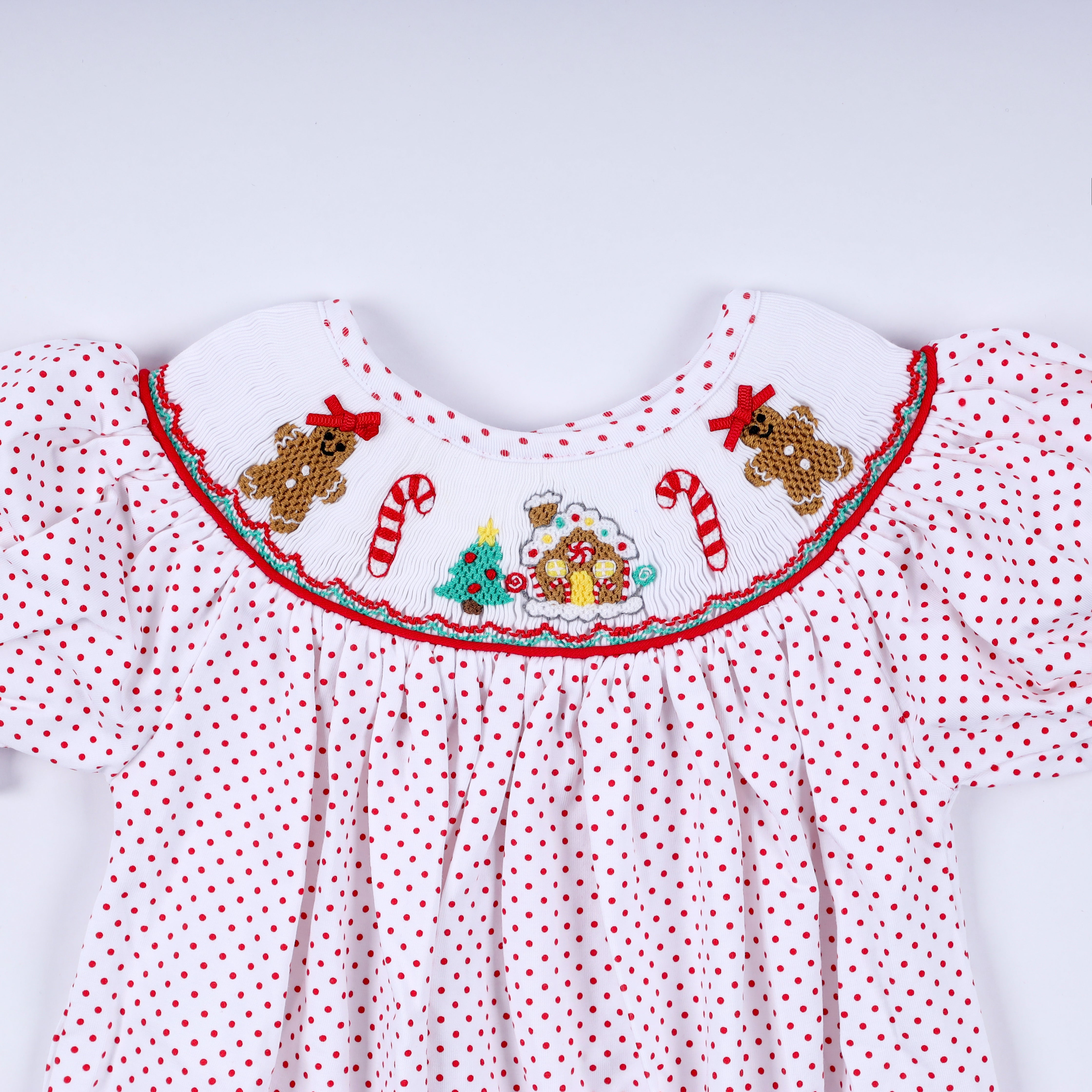 Red gingerbread hand smocked bubble - Aaria Tees Aaria Tees