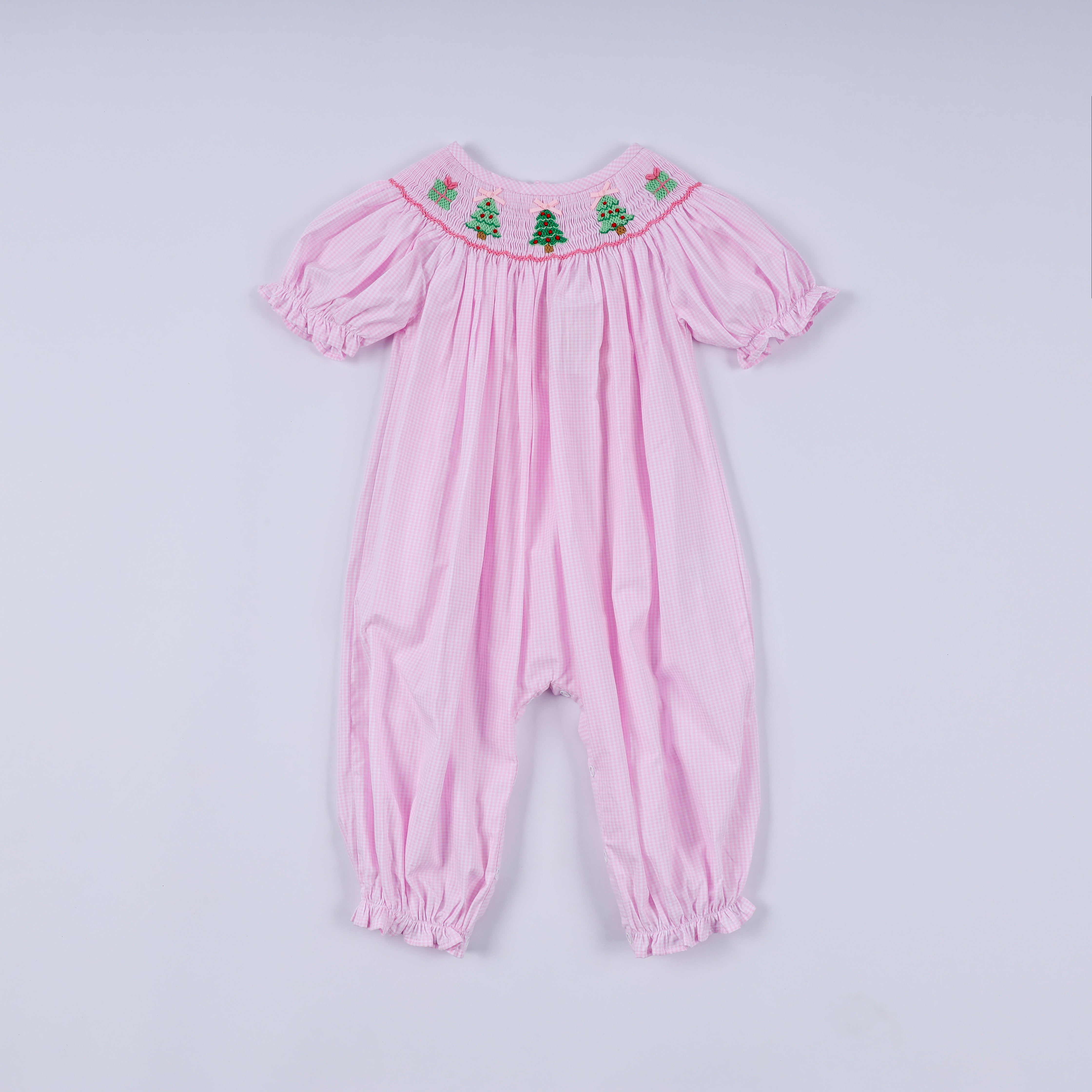 Pink christmas tree hand smocked ruffle romper - Aaria Tees Aaria Tees
