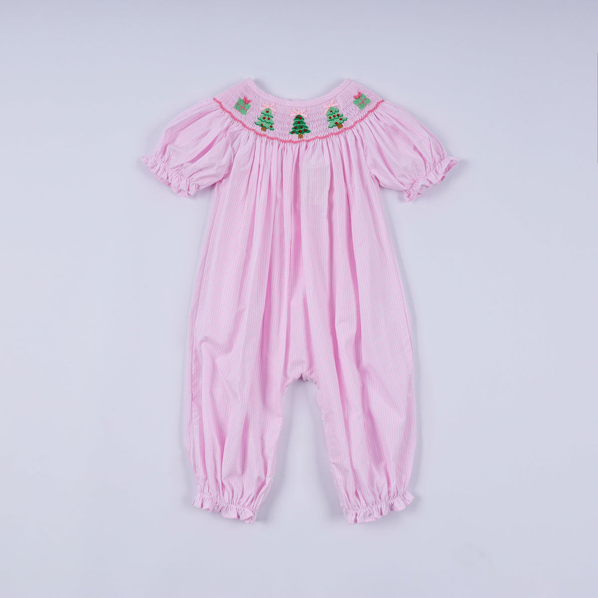 Pink christmas tree hand smocked ruffle romper - Aaria Tees