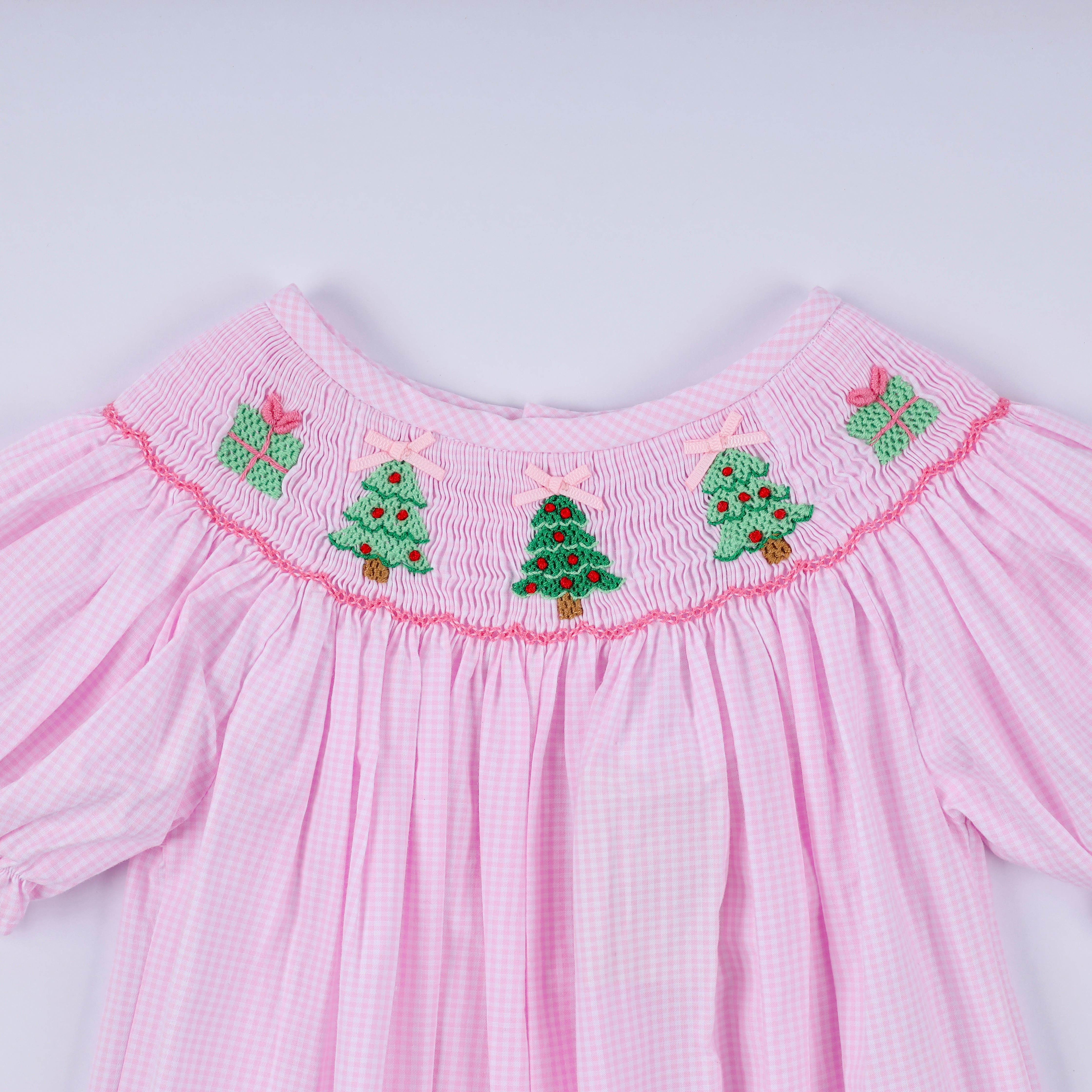 Pink christmas tree hand smocked ruffle romper - Aaria Tees Aaria Tees