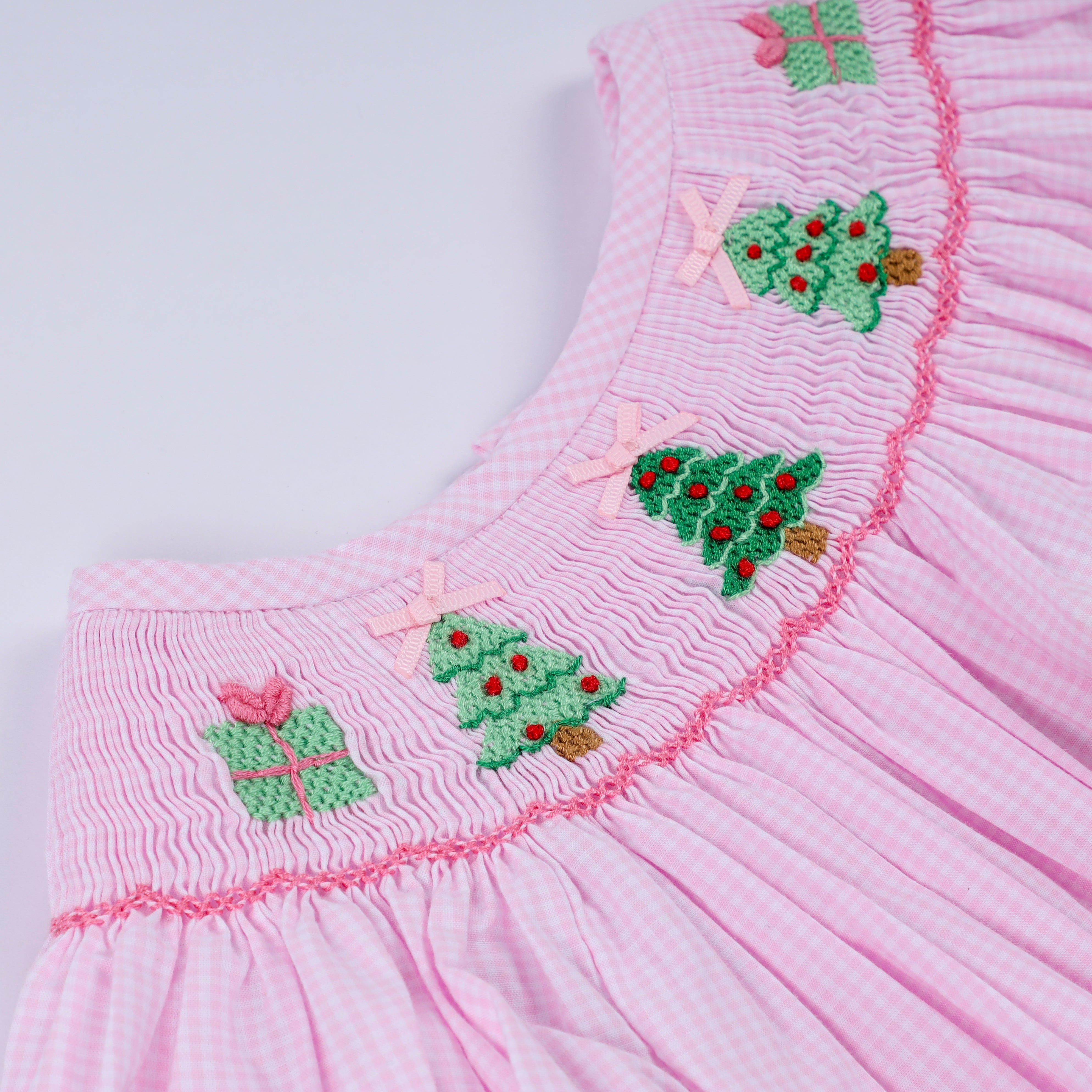 Pink christmas tree hand smocked ruffle romper - Aaria Tees Aaria Tees