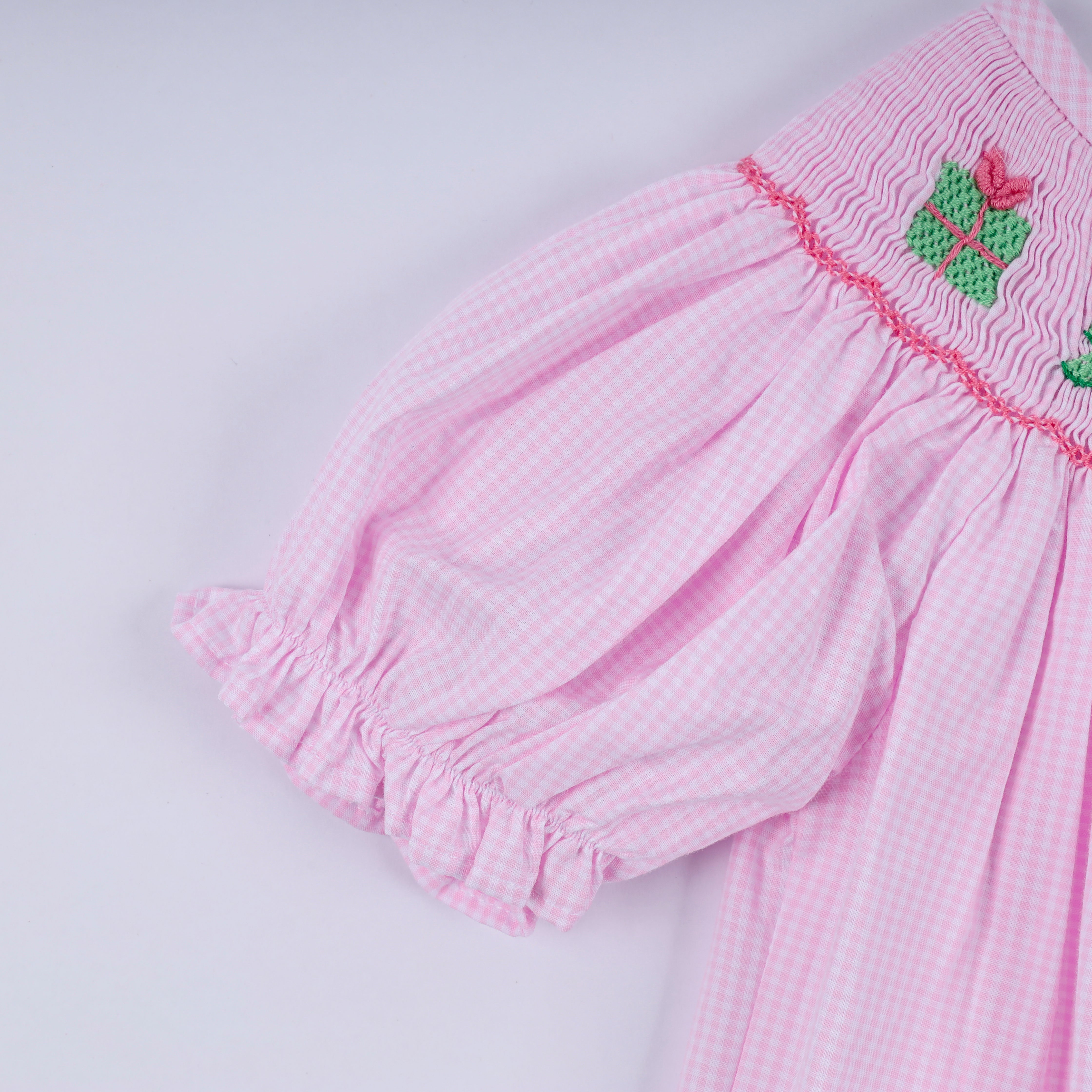 Pink christmas tree hand smocked ruffle romper - Aaria Tees Aaria Tees