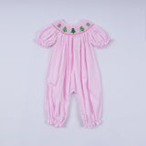 Pink christmas tree hand smocked ruffle romper - Aaria Tees Aaria Tees