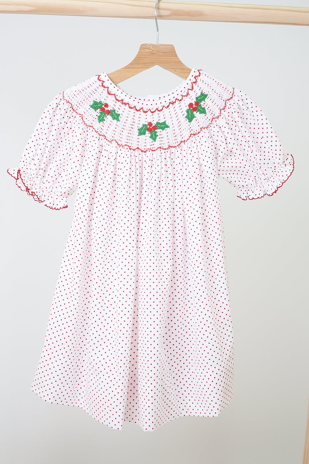 Pink christmas bishop hand smocked dot dress - Aaria Tees Aaria Tees