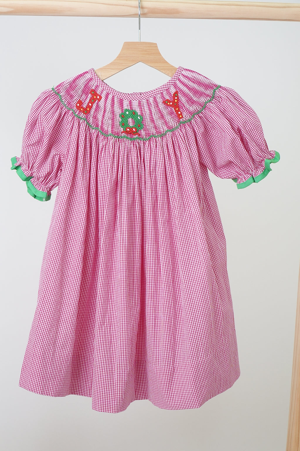 Pink christmas joy hand smocked gingham dress - Aaria Tees