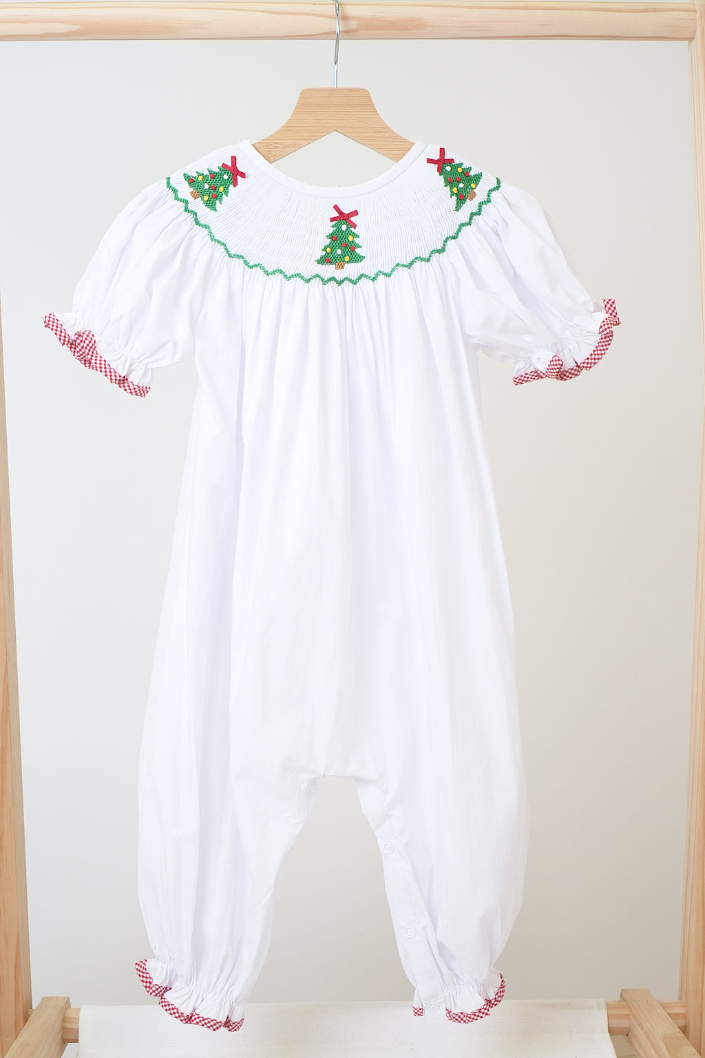 White chrismtas tree hand smocked girl romper - Aaria Tees Aaria Tees