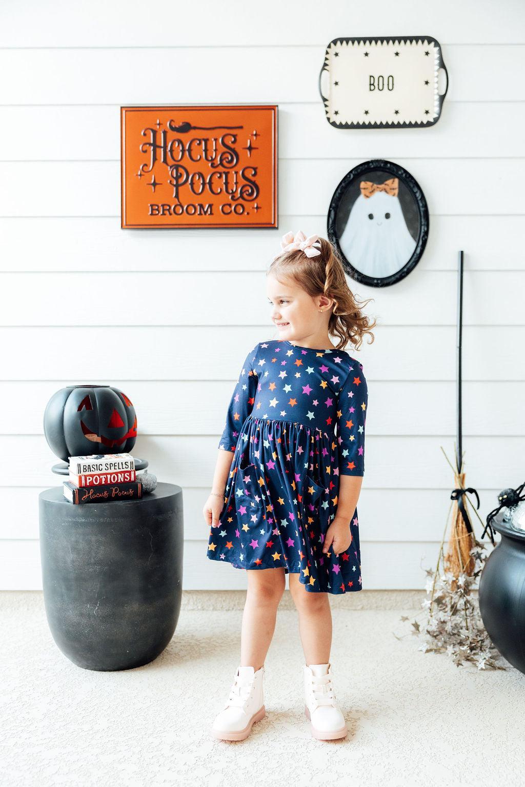 Halloween Stars 3/4 Sleeve Pocket Twirl Dress - Aaria Tees Aaria Tees