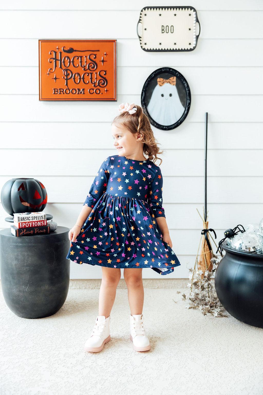 Halloween Stars 3/4 Sleeve Pocket Twirl Dress - Aaria Tees Aaria Tees