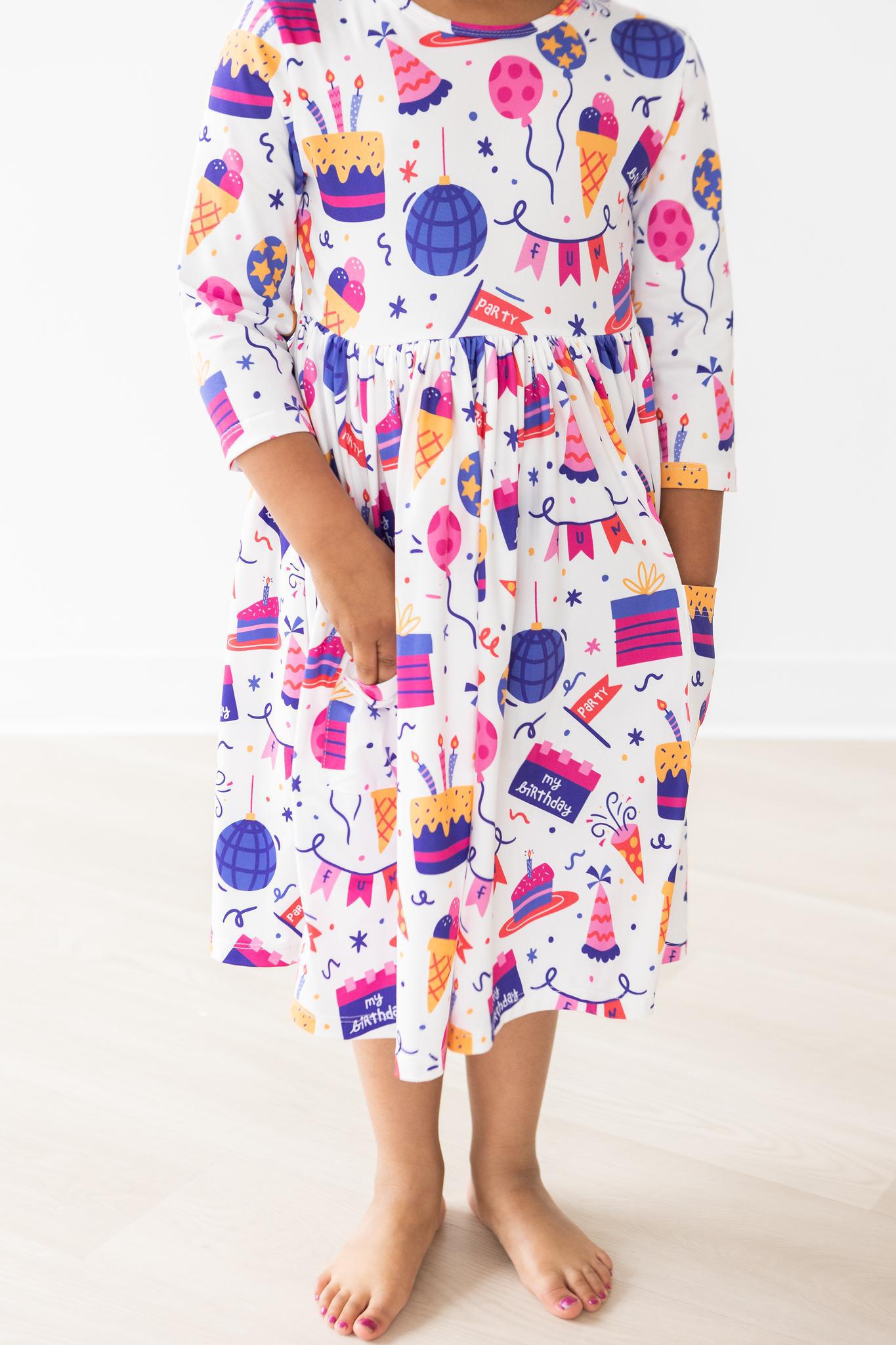 Happy Birthday 3/4 Sleeve Pocket Twirl Dress - Aaria Tees Aaria Tees