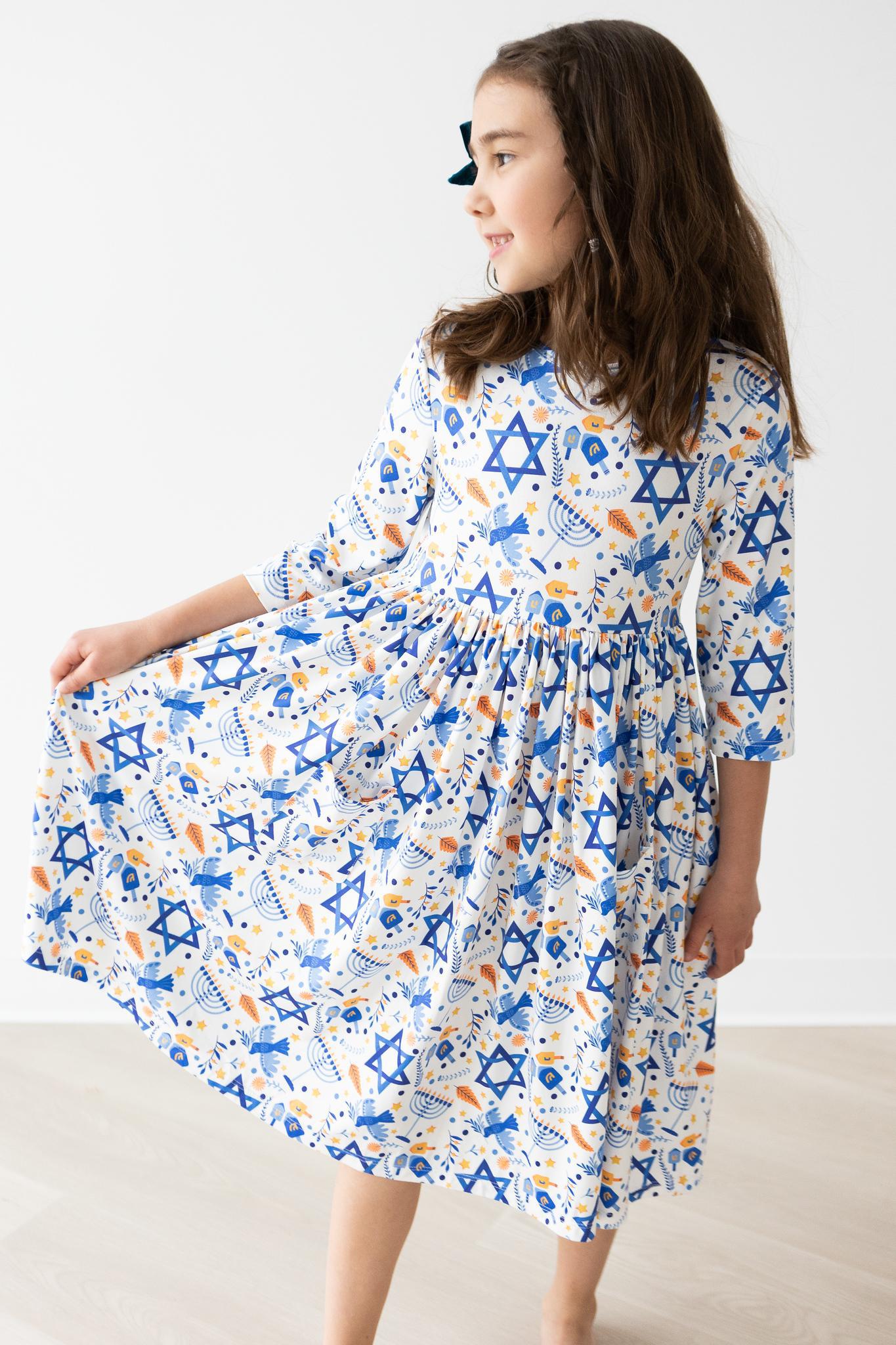 Happy Hanukkah 3/4 Sleeve Pocket Twirl Dress - Aaria Tees Aaria Tees