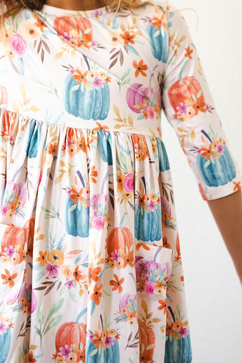 Harvest Blooms 3/4 Sleeve Pocket Twirl Dress - Aaria Tees Aaria Tees