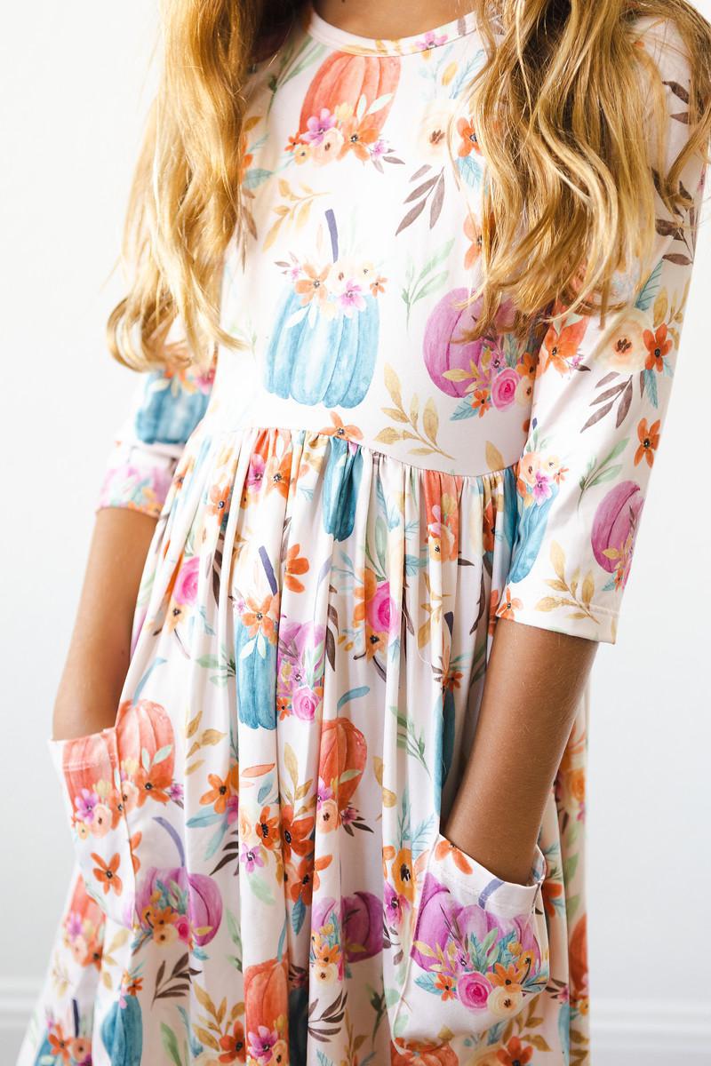 Harvest Blooms 3/4 Sleeve Pocket Twirl Dress - Aaria Tees Aaria Tees