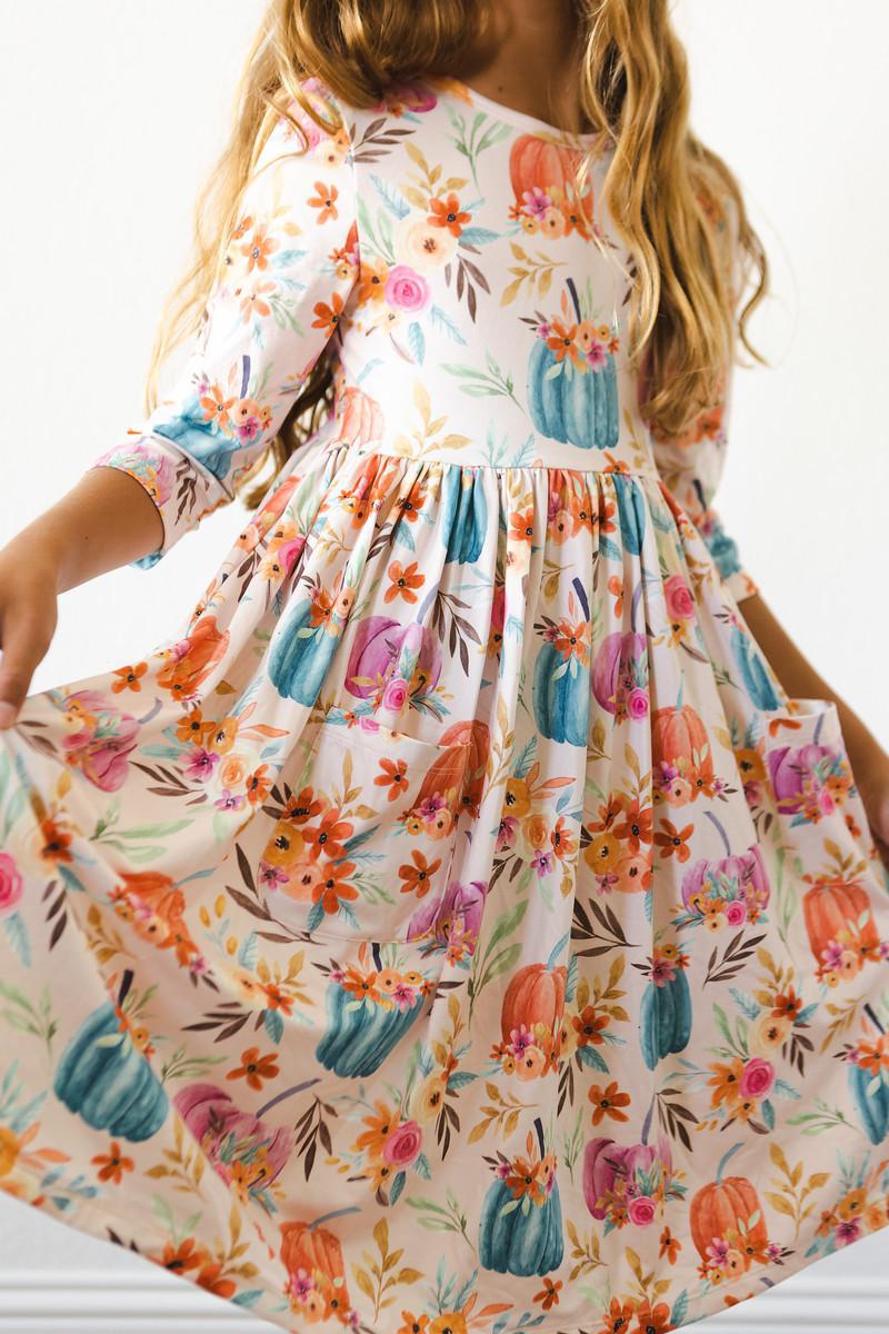 Harvest Blooms 3/4 Sleeve Pocket Twirl Dress - Aaria Tees