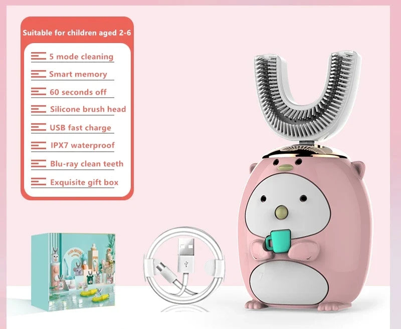 Smart U 360 Degrees Kids Sonic Electric Toothbrush Silicon USB Automatic Ultrasonic Teeth Tooth Brush Cartoon Pattern Children - Aaria Tees