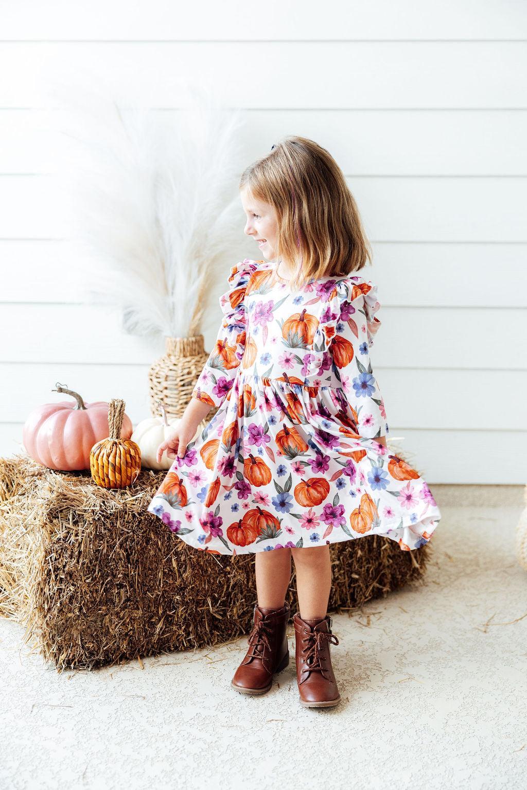 Hey Pumpkin 3/4 Sleeve Ruffle Twirl Dress - Aaria Tees Aaria Tees