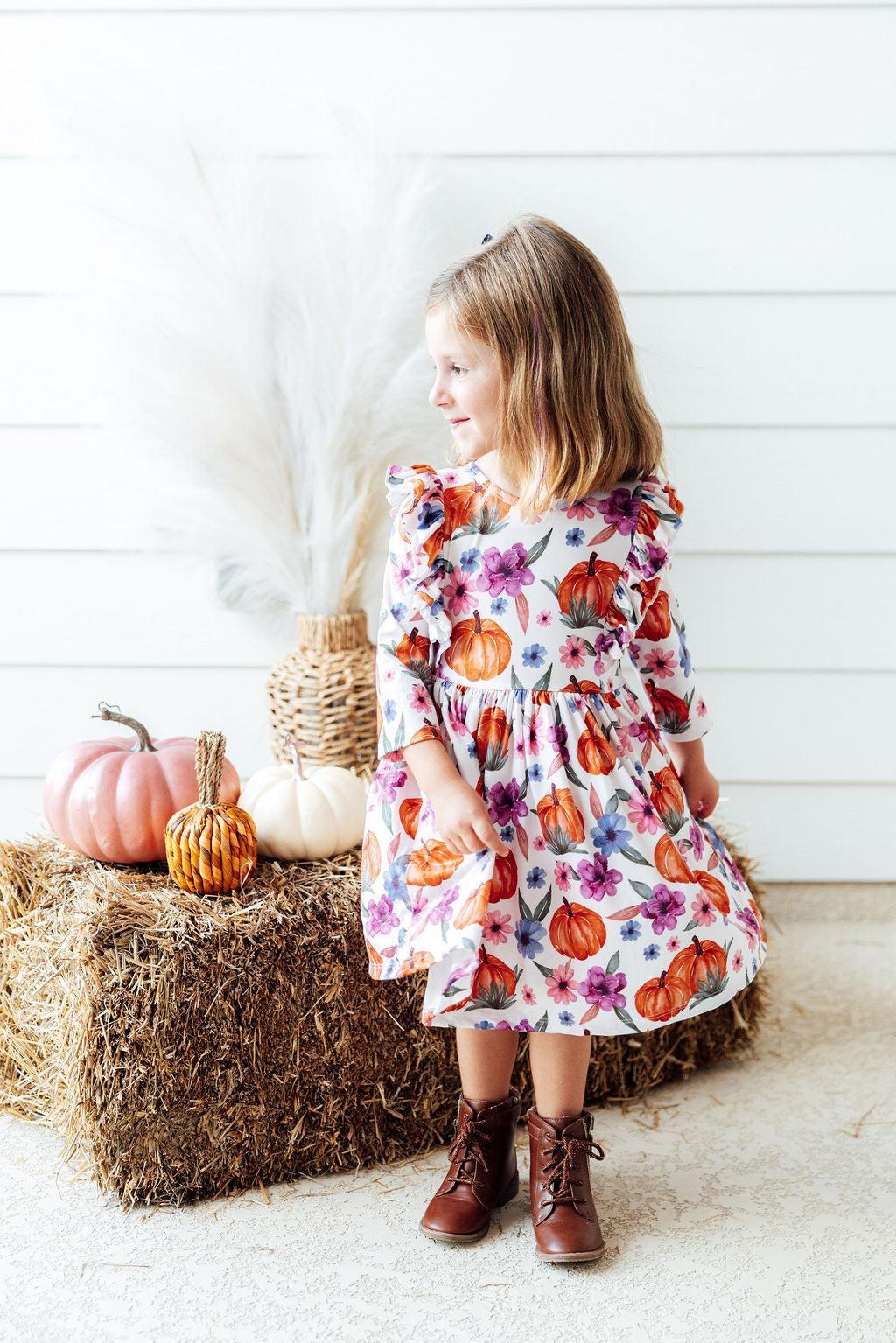 Hey Pumpkin 3/4 Sleeve Ruffle Twirl Dress - Aaria Tees Aaria Tees