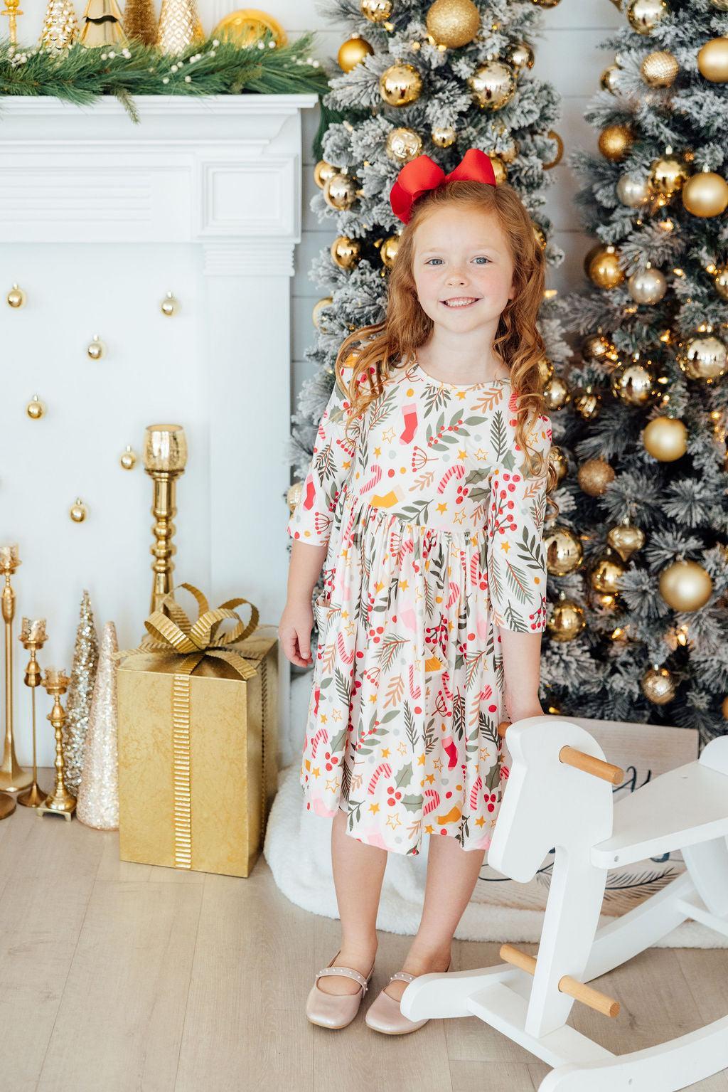 Holly Jolly Christmas 3/4 Sleeve Pocket Twirl Dress - Aaria Tees Aaria Tees