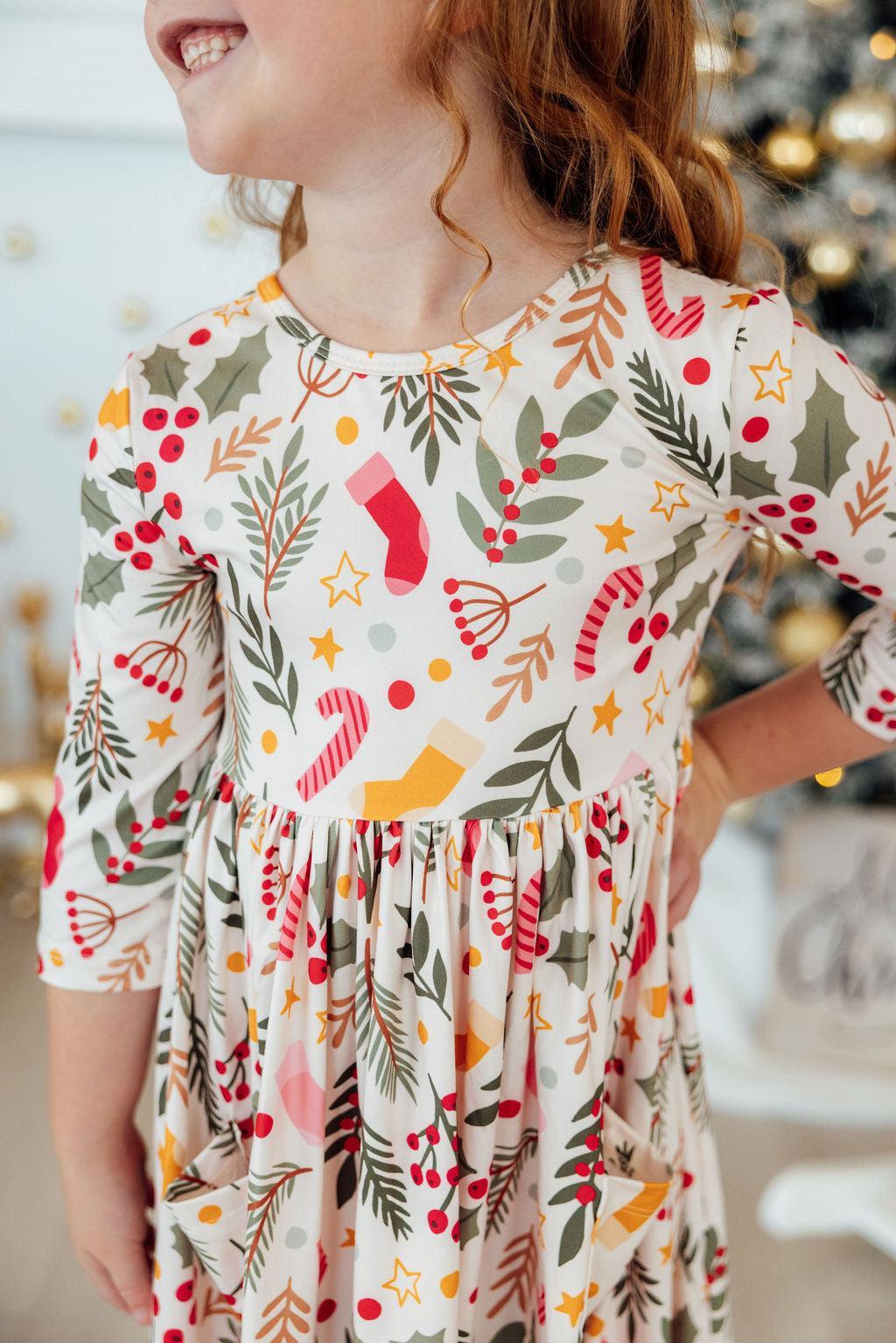 Holly Jolly Christmas 3/4 Sleeve Pocket Twirl Dress - Aaria Tees Aaria Tees