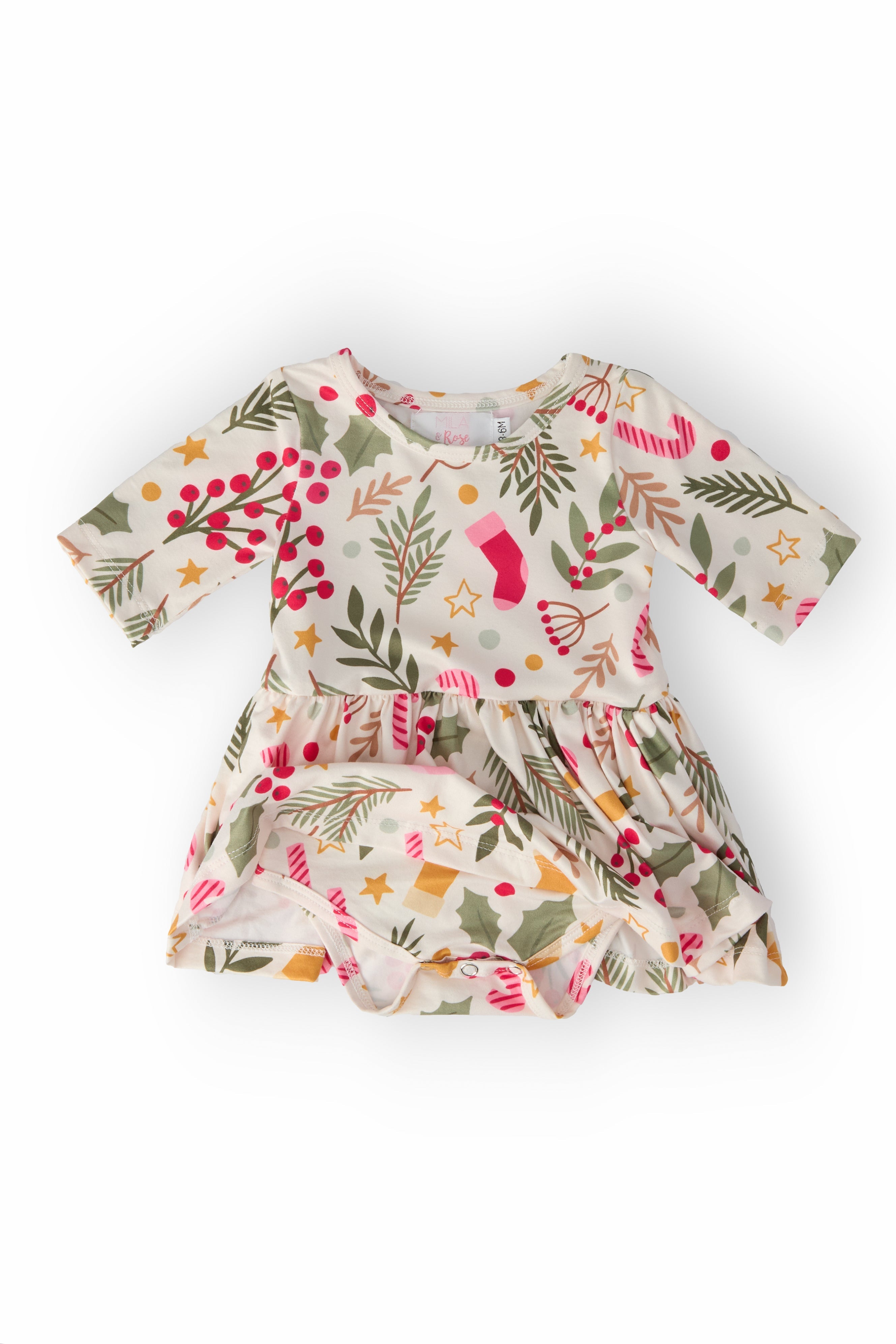 Holly Jolly Christmas 3/4 Sleeve Twirl Bodysuit - Aaria Tees Aaria Tees