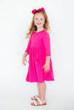 Hot Pink 3/4 Sleeve Pocket Twirl Dress - Aaria Tees Aaria Tees