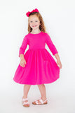 Hot Pink 3/4 Sleeve Pocket Twirl Dress - Aaria Tees Aaria Tees