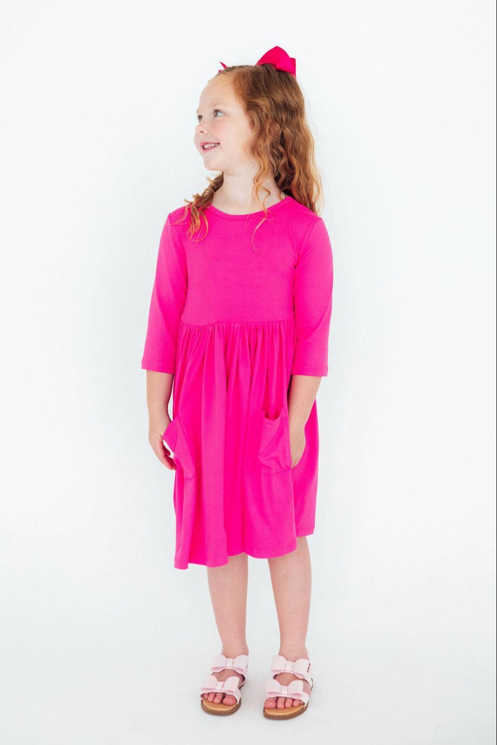 Hot Pink 3/4 Sleeve Pocket Twirl Dress - Aaria Tees Aaria Tees