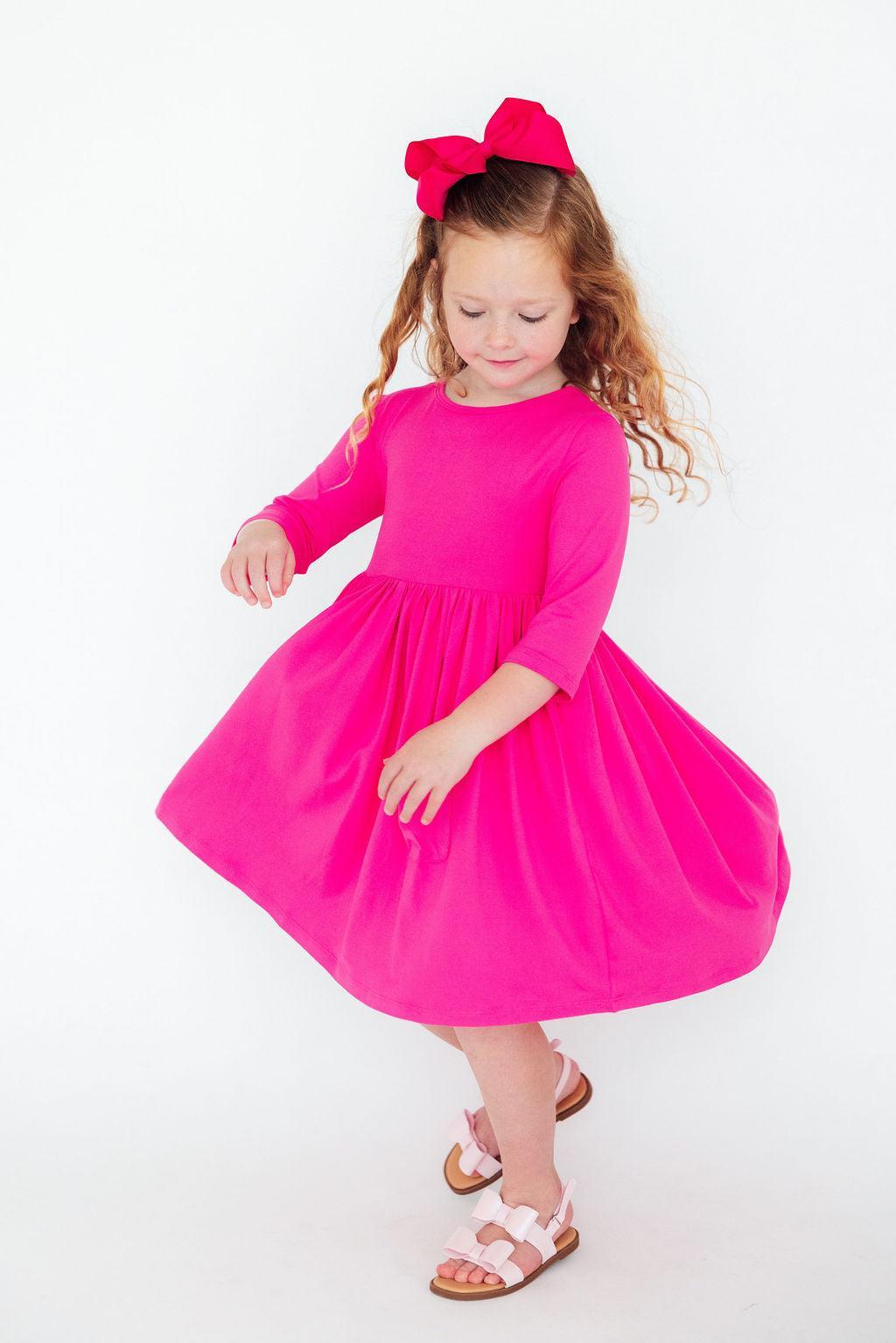 Hot Pink 3/4 Sleeve Pocket Twirl Dress - Aaria Tees